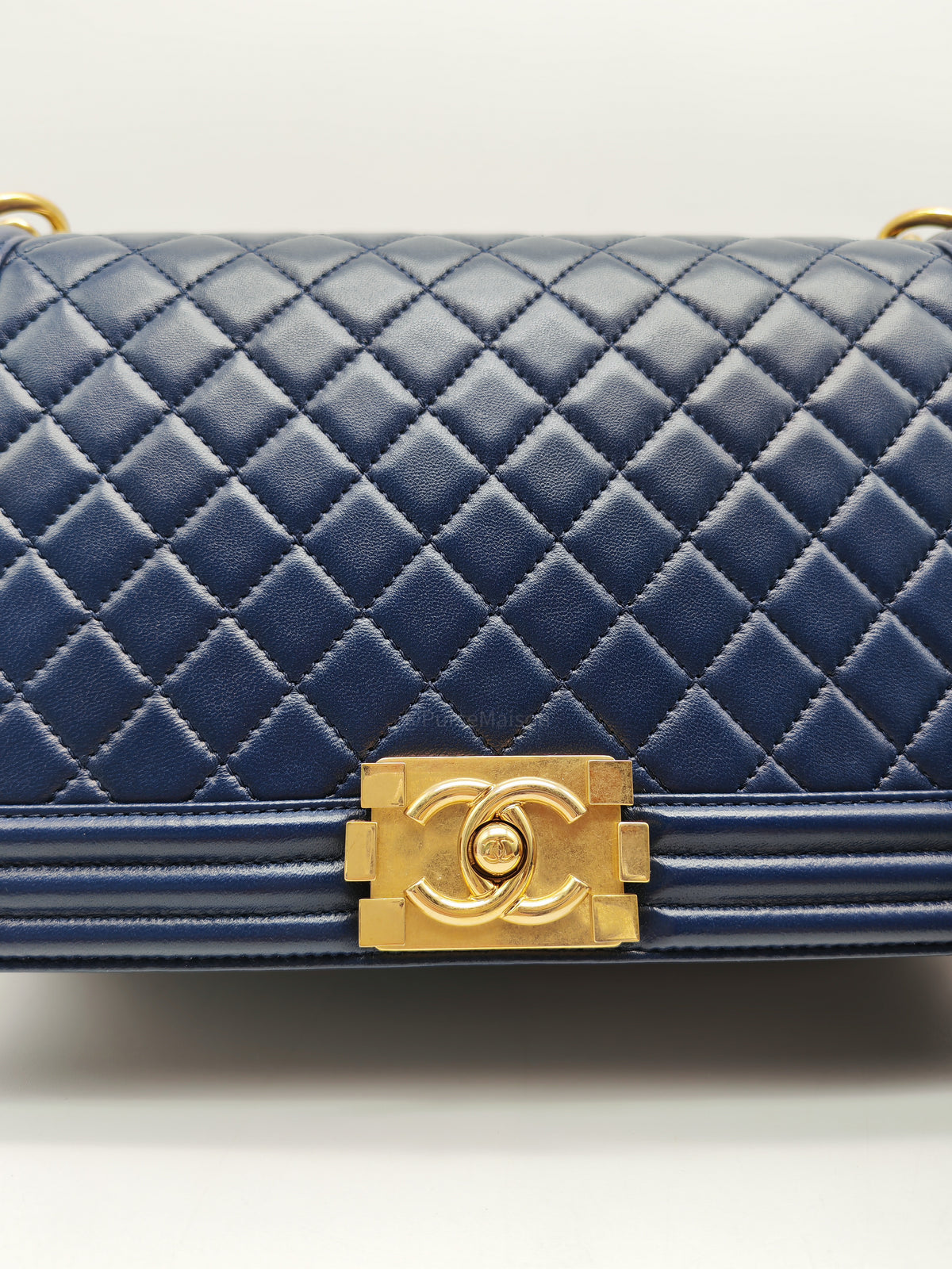Chanel Boy Old Medium in Blue Quilted Lambskin Leather and Aged Gold Hardware Series 21