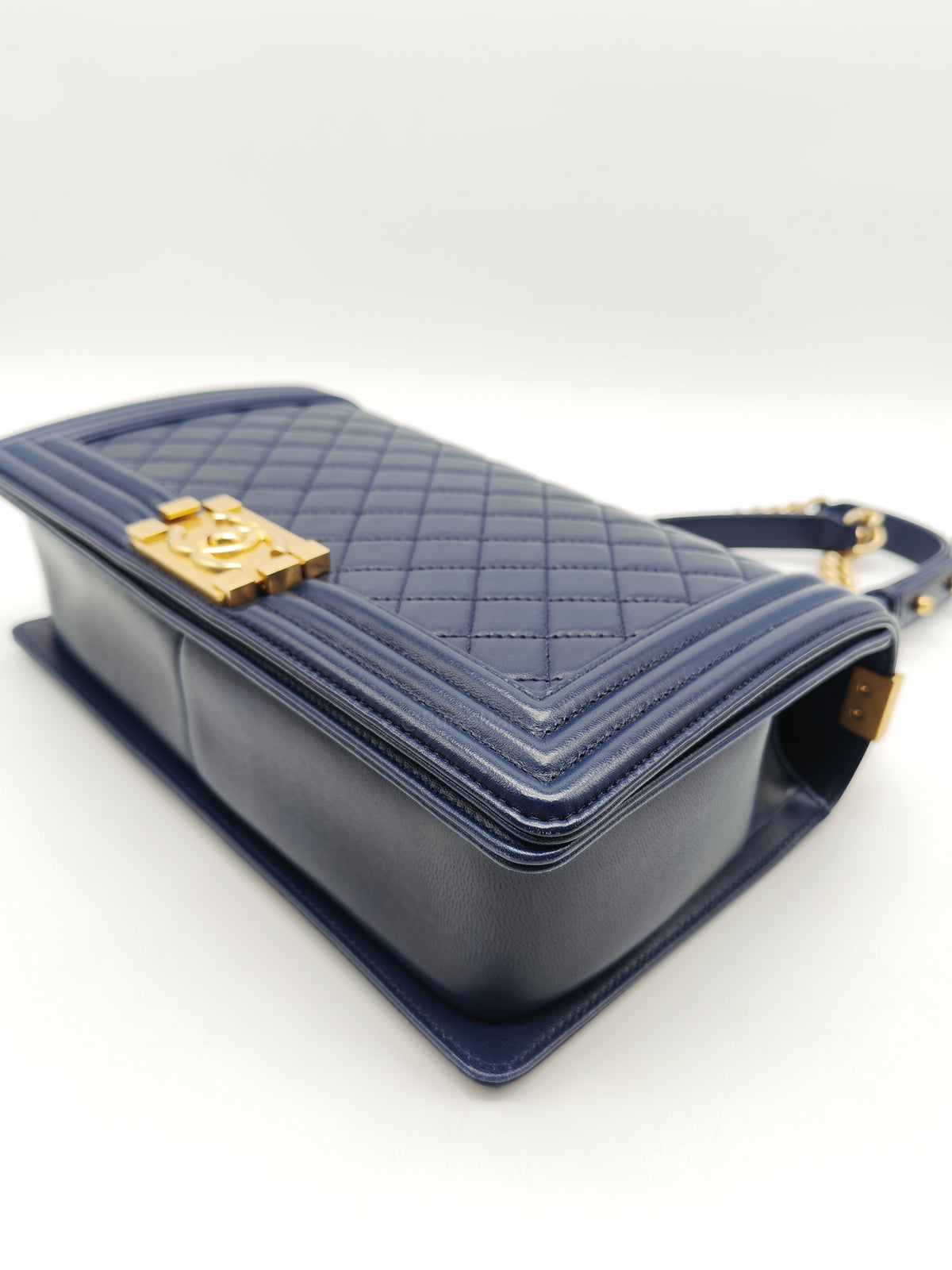Chanel Boy Old Medium in Blue Quilted Lambskin Leather and Aged Gold Hardware Series 21