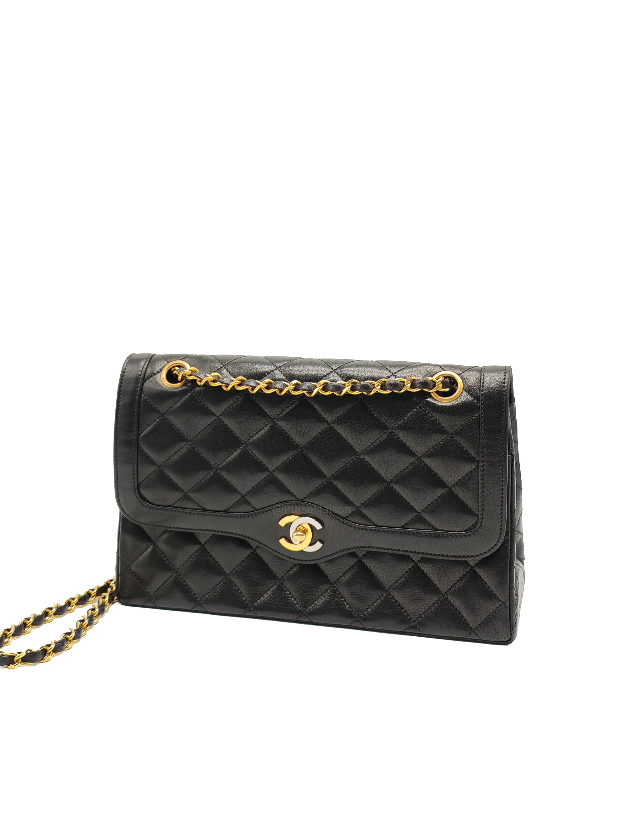 Chanel Paris Limited Edition Double Flap Bag Medium in Black Lambskin Leather Mix Hardware (Series 3)