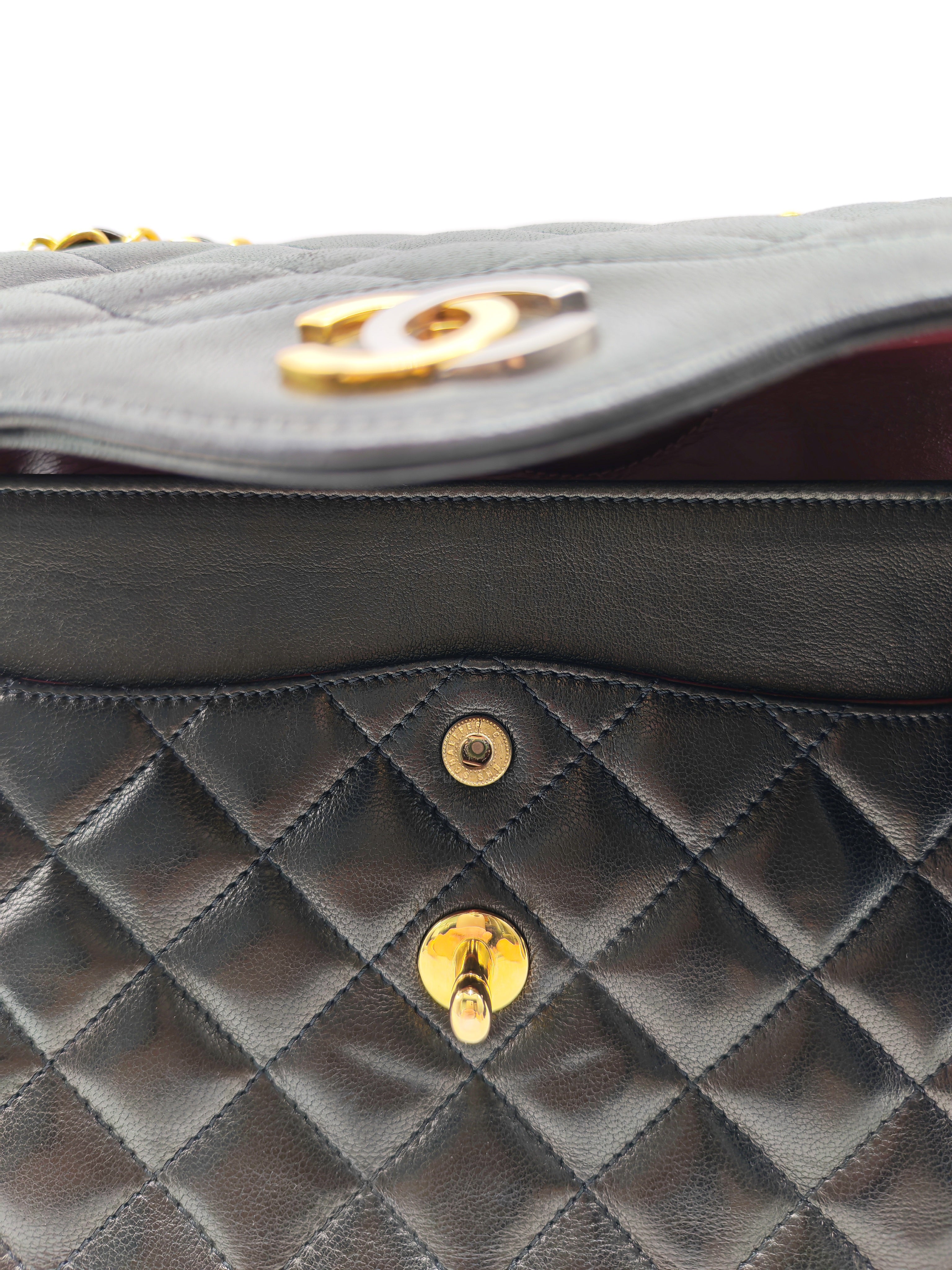 Chanel Paris Limited Edition Double Flap Bag Medium in Black Lambskin Leather Mix Hardware (Series 3)