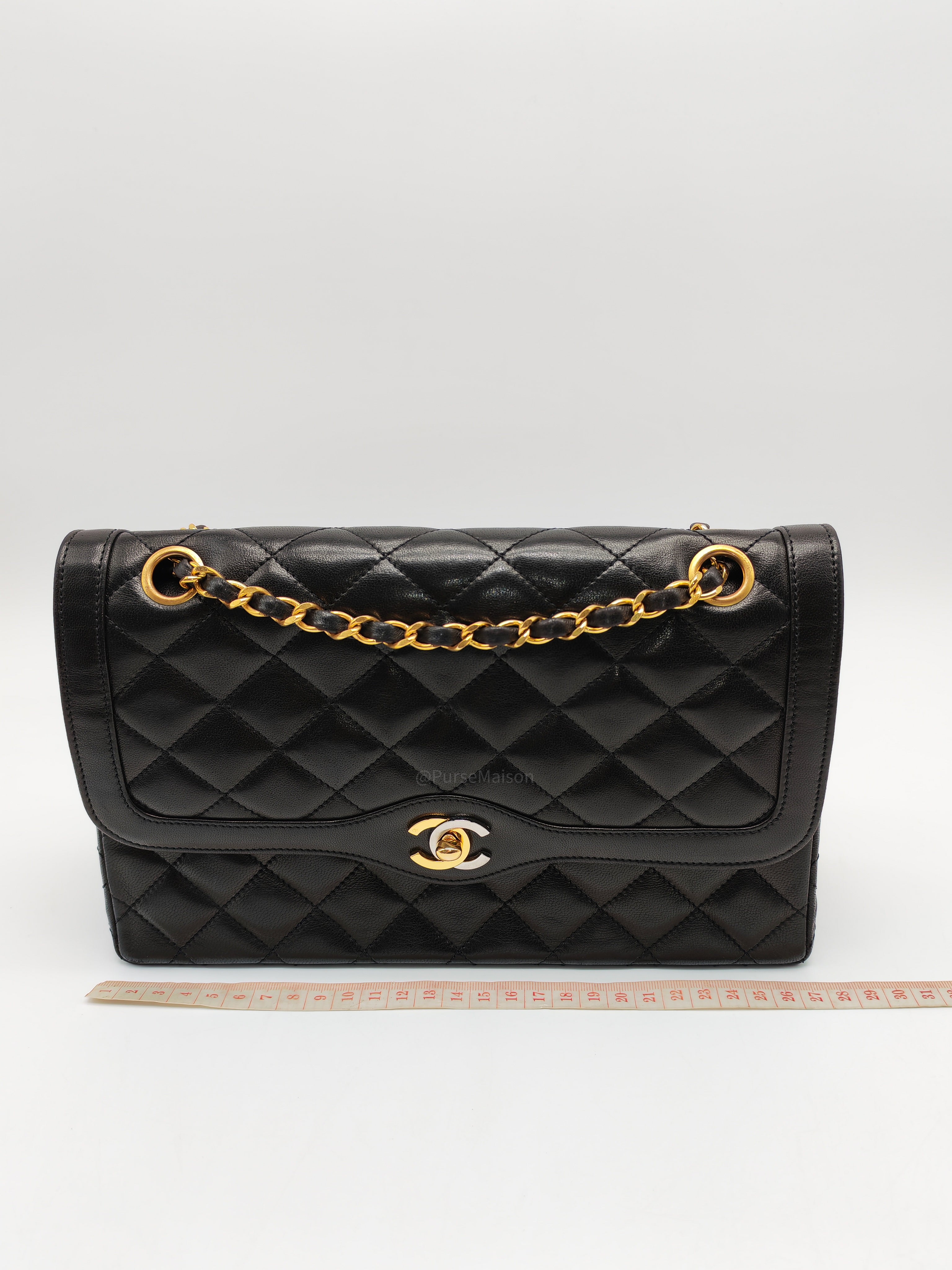 Chanel Paris Limited Edition Double Flap Bag Medium in Black Lambskin Leather Mix Hardware (Series 3)