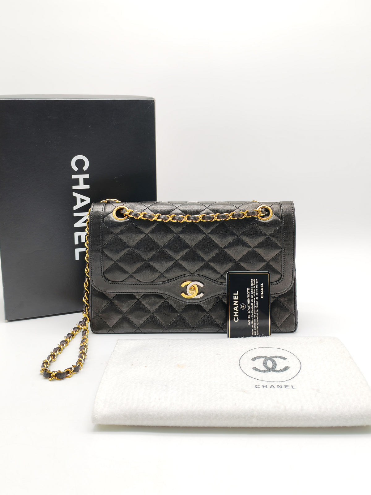 Chanel Paris Limited Edition Double Flap Bag Medium in Black Lambskin Leather Mix Hardware (Series 3)