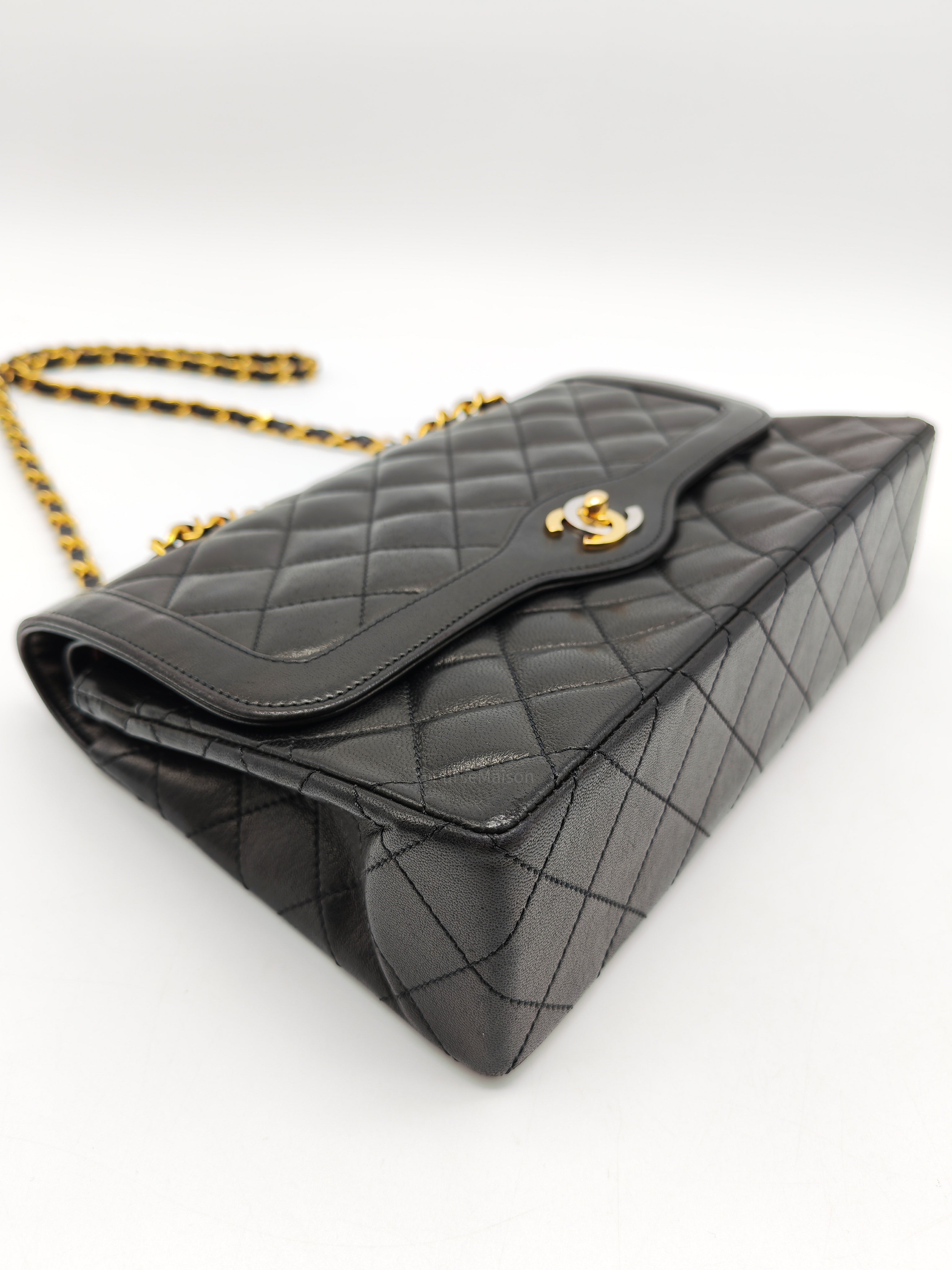 Chanel Paris Limited Edition Double Flap Bag Medium in Black Lambskin Leather Mix Hardware (Series 3)