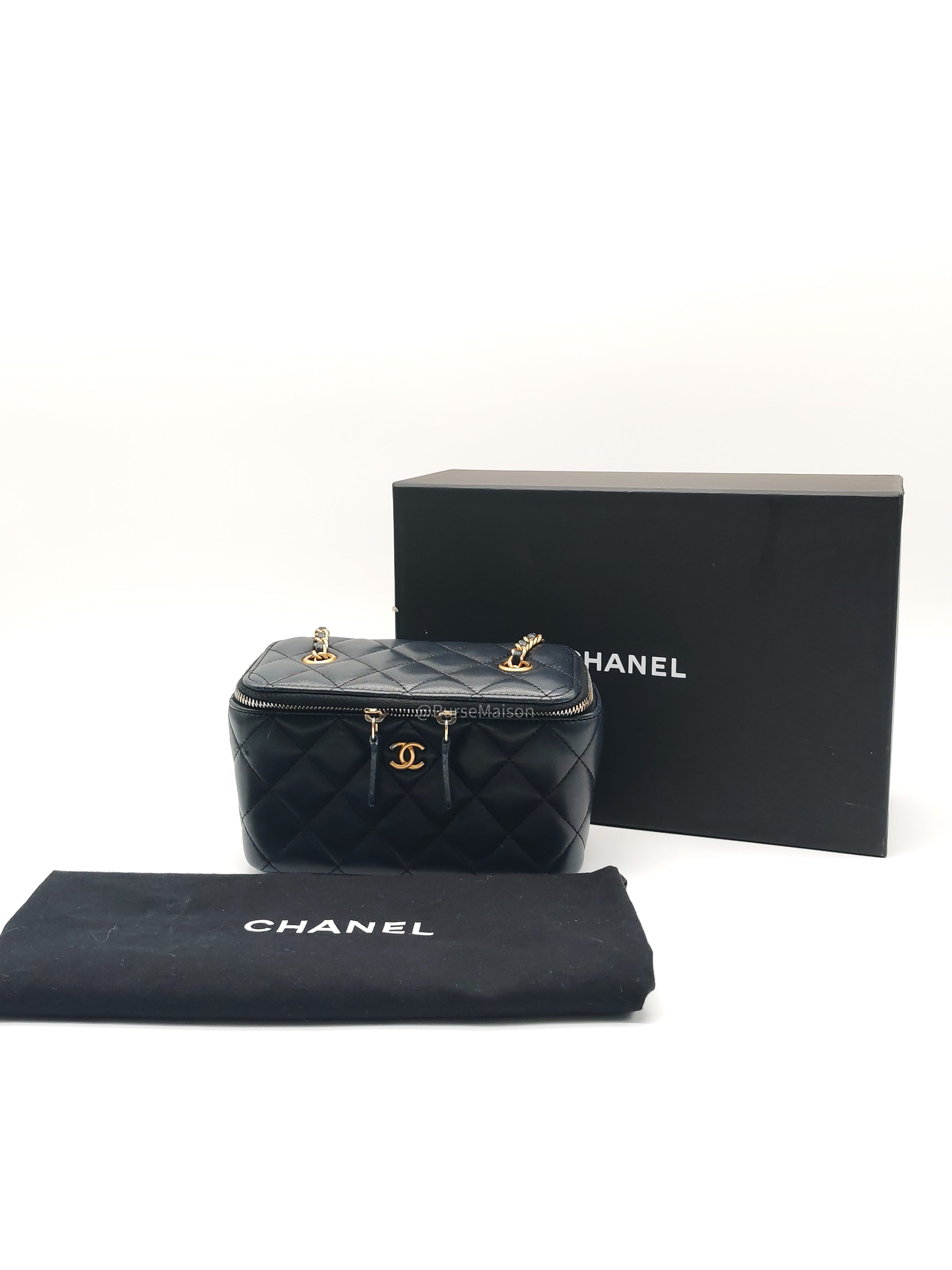 Chanel Pearl Crush Vanity Case Small in Navy Blue Lambskin Leather and Gold Hardware Series 31