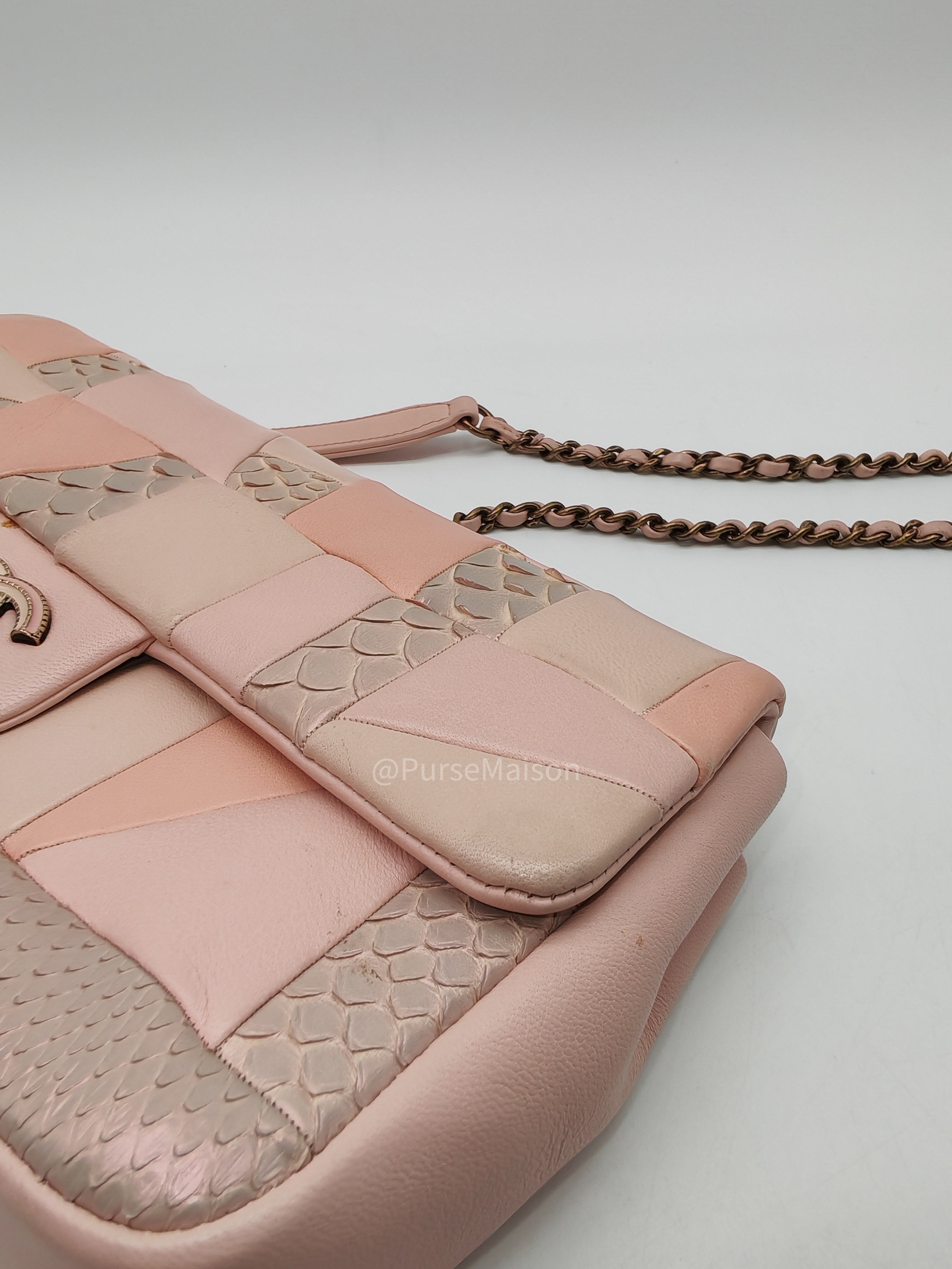 Chanel Timeless Patchwork Single Flap Bag Small in Multicolor Lambskin & Python Leather Aged Gold Hardware (Series 22)