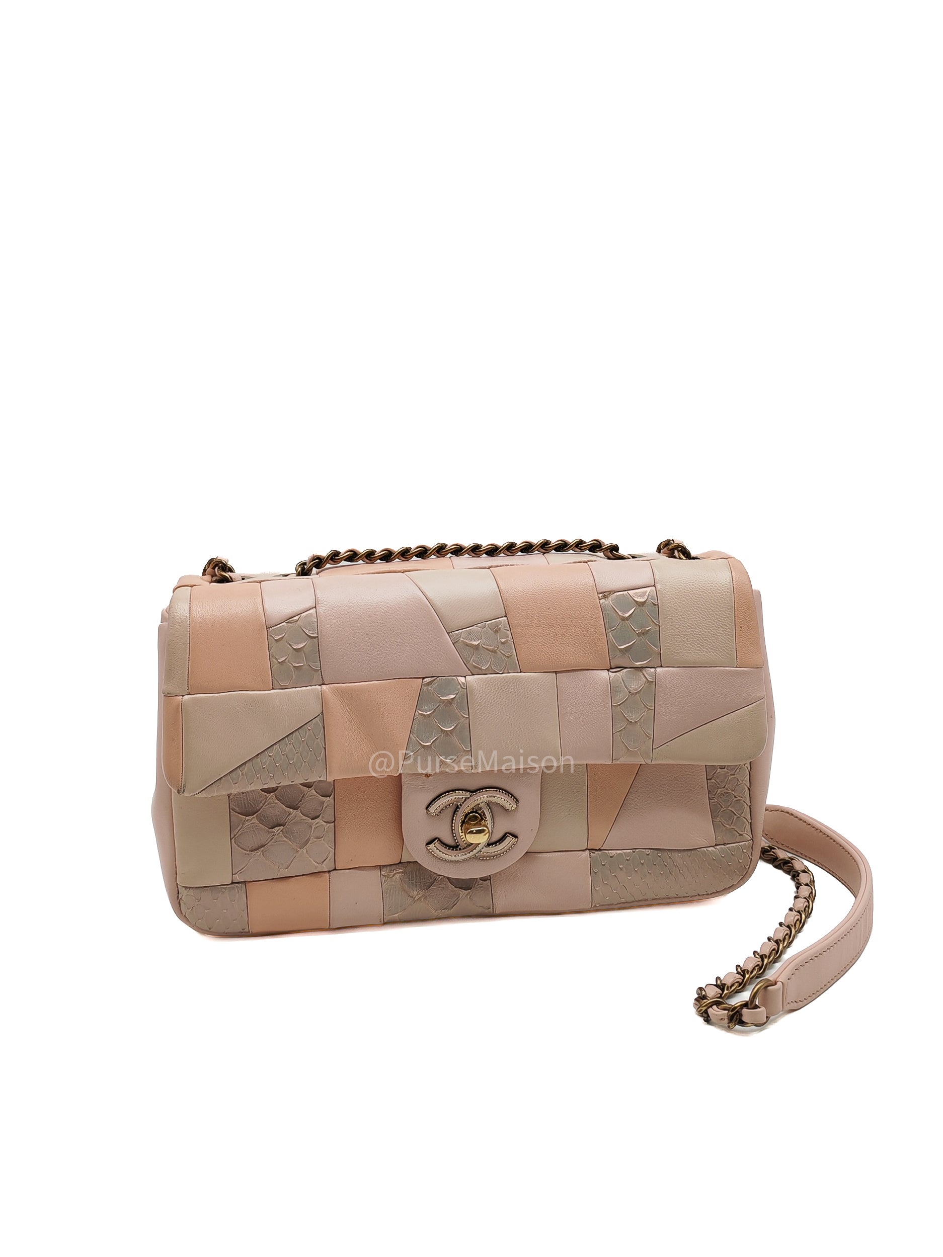Chanel Timeless Patchwork Single Flap Bag Small in Multicolor Lambskin & Python Leather Aged Gold Hardware (Series 22)