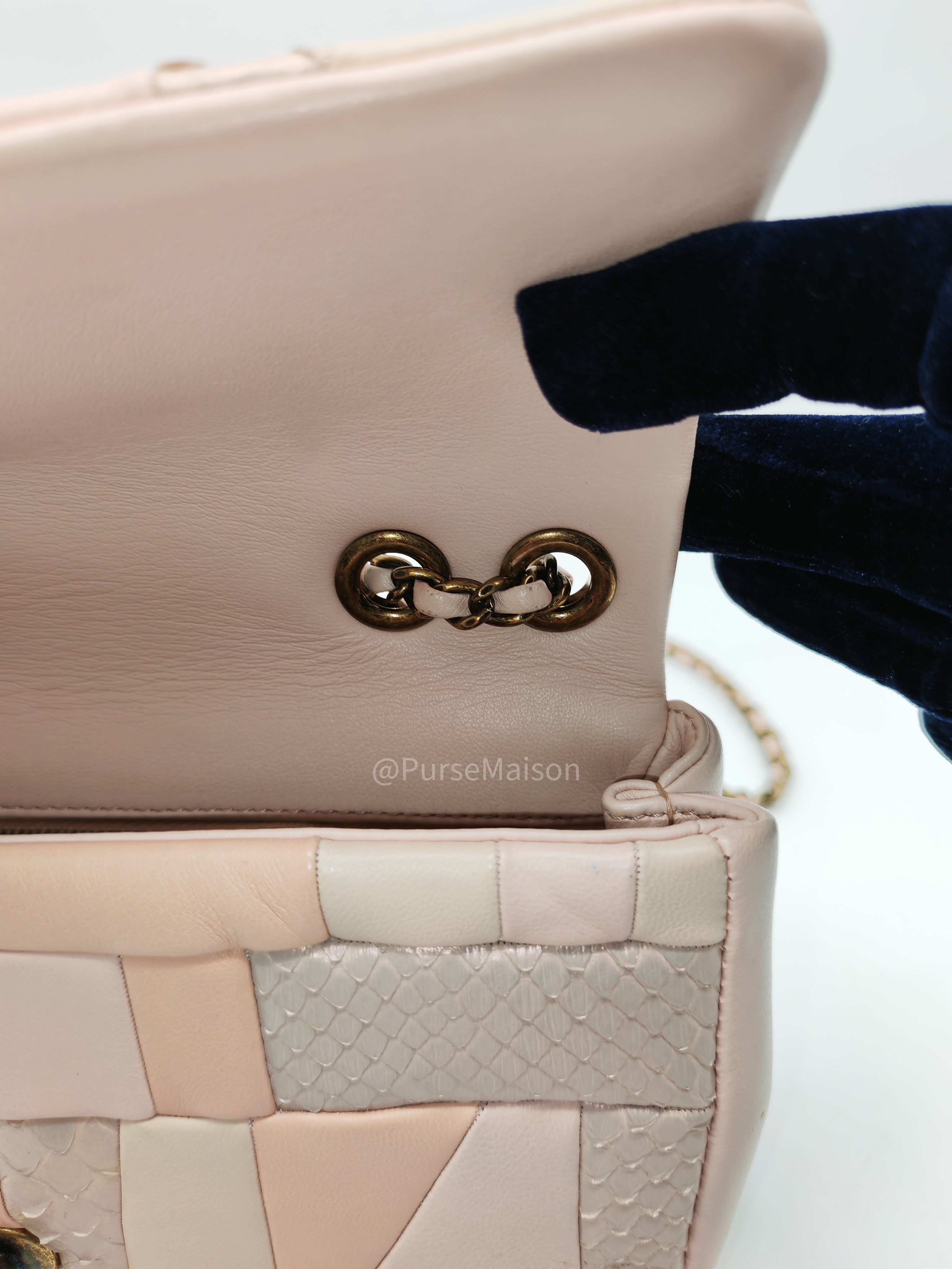 Chanel Timeless Patchwork Single Flap Bag Small in Multicolor Lambskin & Python Leather Aged Gold Hardware (Series 22)
