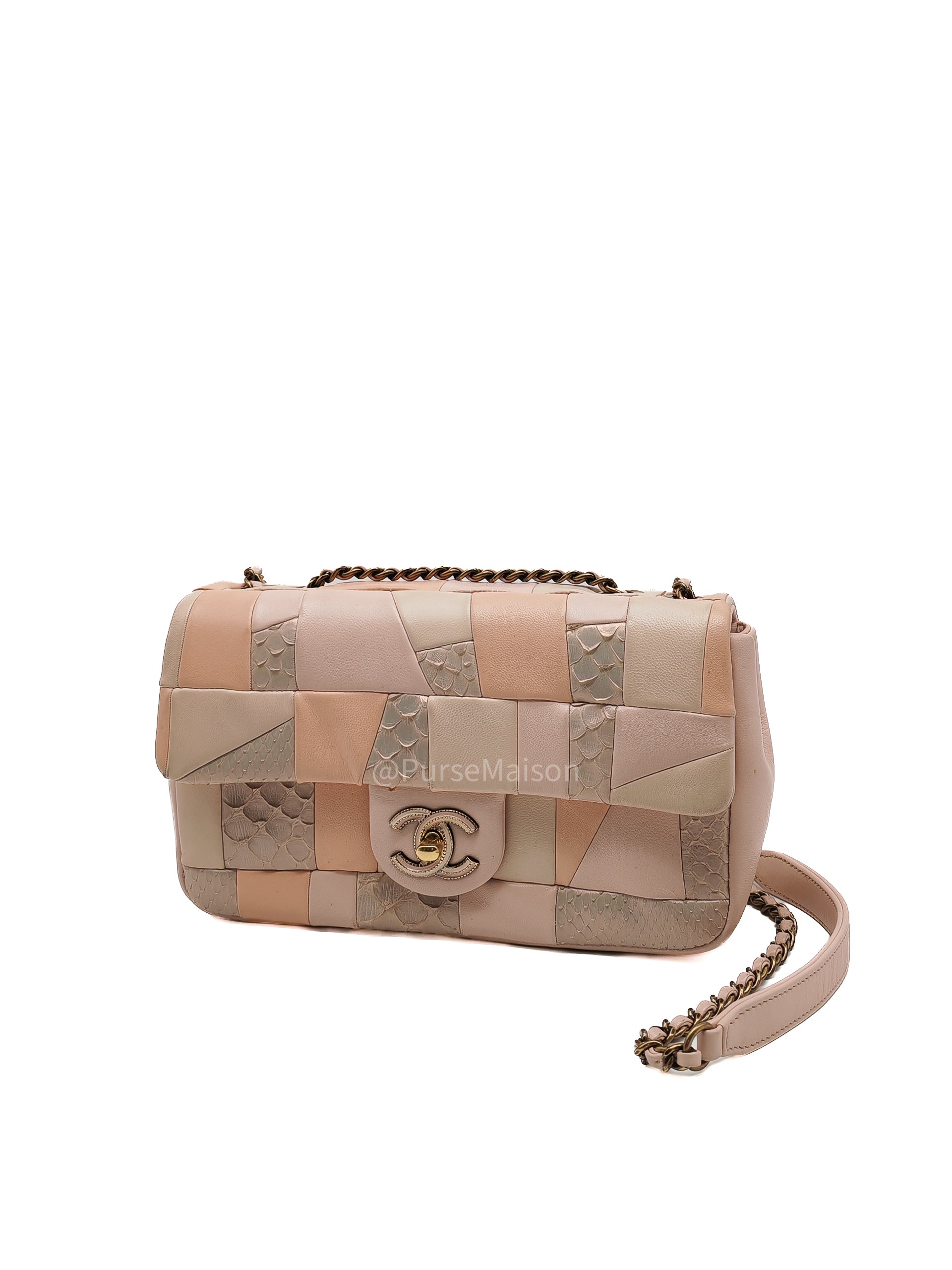 Chanel Timeless Patchwork Single Flap Bag Small in Multicolor Lambskin & Python Leather Aged Gold Hardware (Series 22)