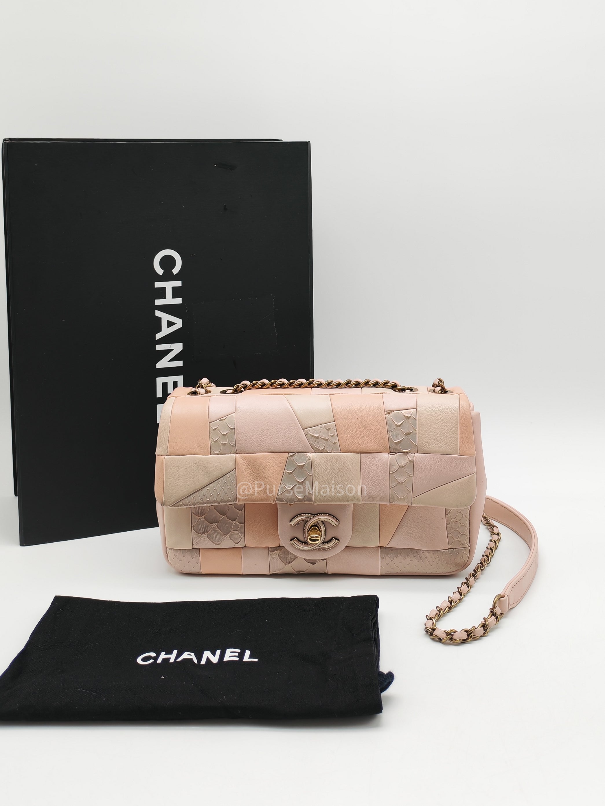 Chanel Timeless Patchwork Single Flap Bag Small in Multicolor Lambskin & Python Leather Aged Gold Hardware (Series 22)