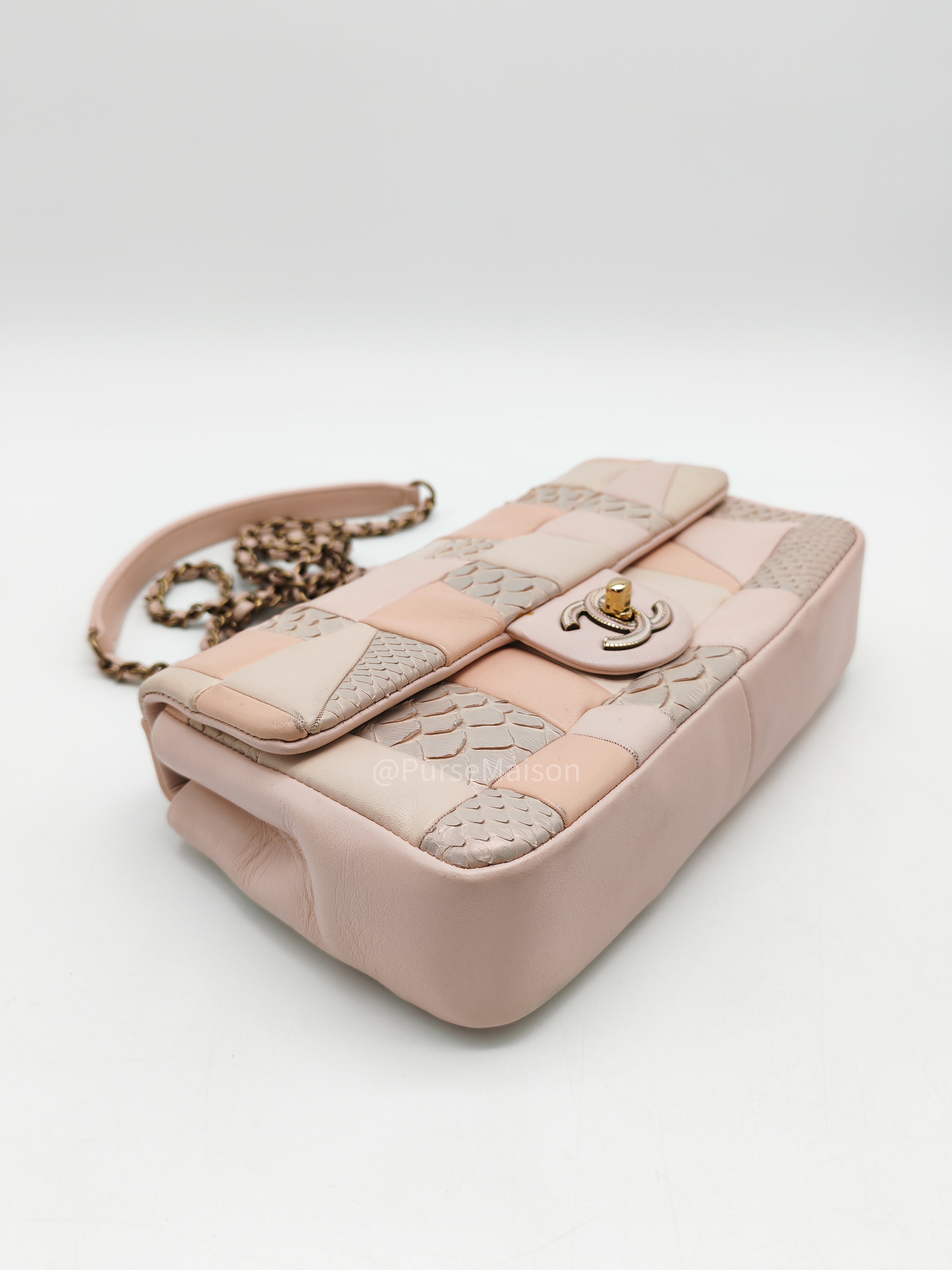 Chanel Timeless Patchwork Single Flap Bag Small in Multicolor Lambskin & Python Leather Aged Gold Hardware (Series 22)