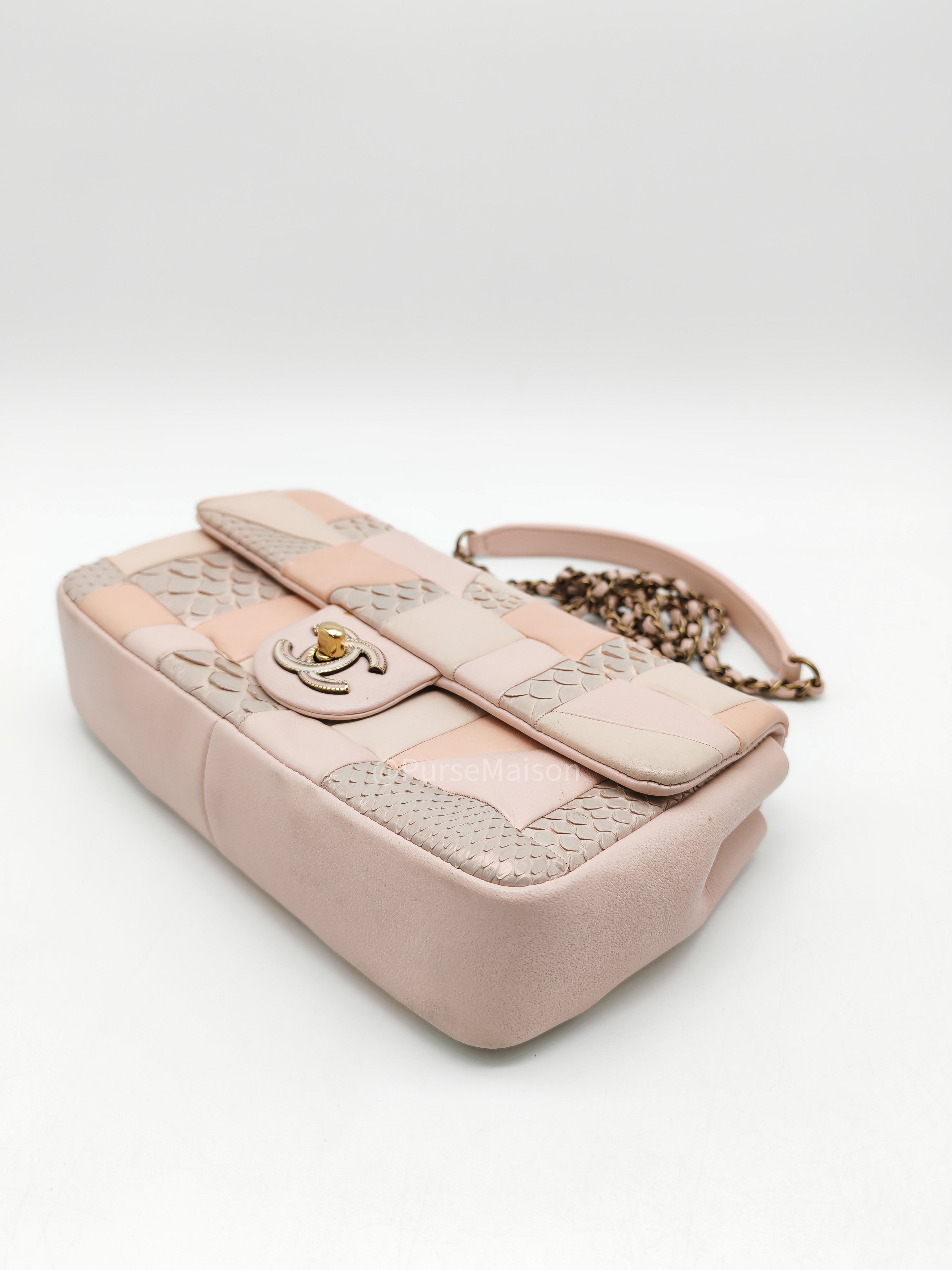 Chanel Timeless Patchwork Single Flap Bag Small in Multicolor Lambskin & Python Leather Aged Gold Hardware (Series 22)