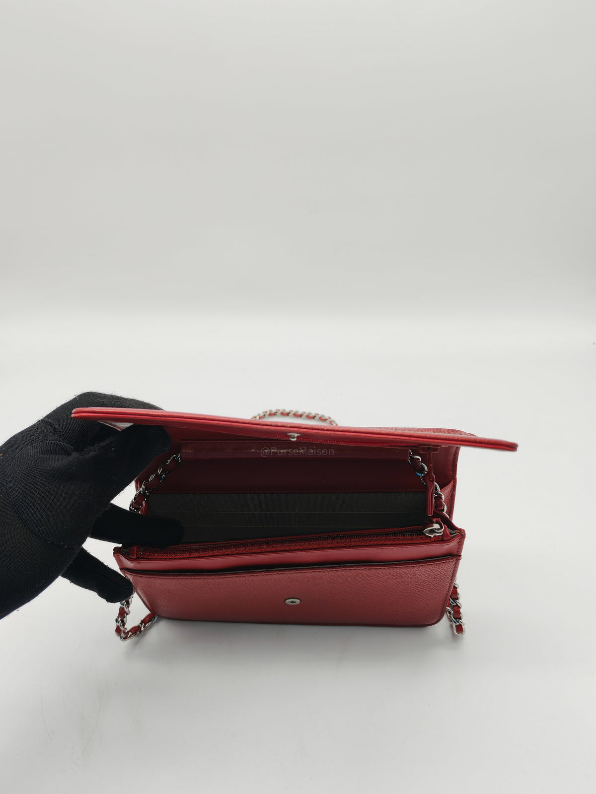 Chanel Timeless CC Wallet on Chain in Red Caviar Leather and Silver Hardware Series 18