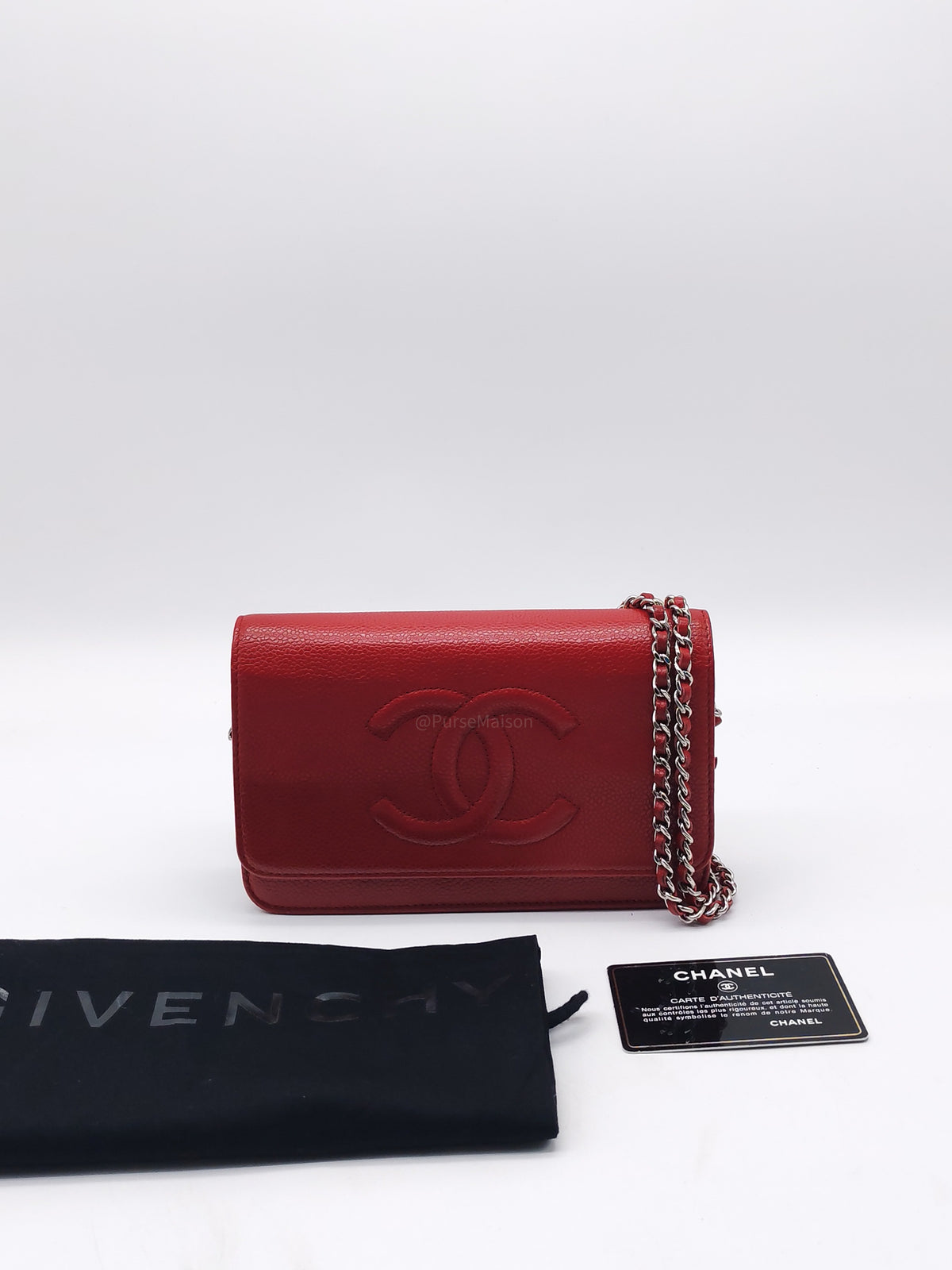 Chanel Timeless CC Wallet on Chain in Red Caviar Leather and Silver Hardware Series 18