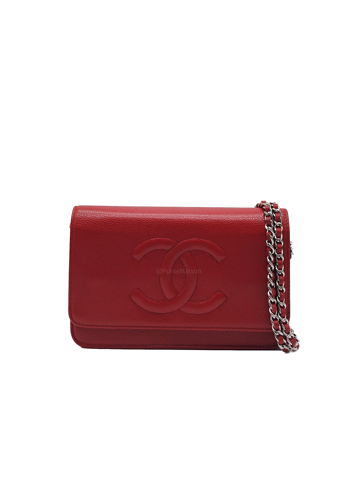 Chanel Timeless CC Wallet on Chain in Red Caviar Leather and Silver Hardware Series 18