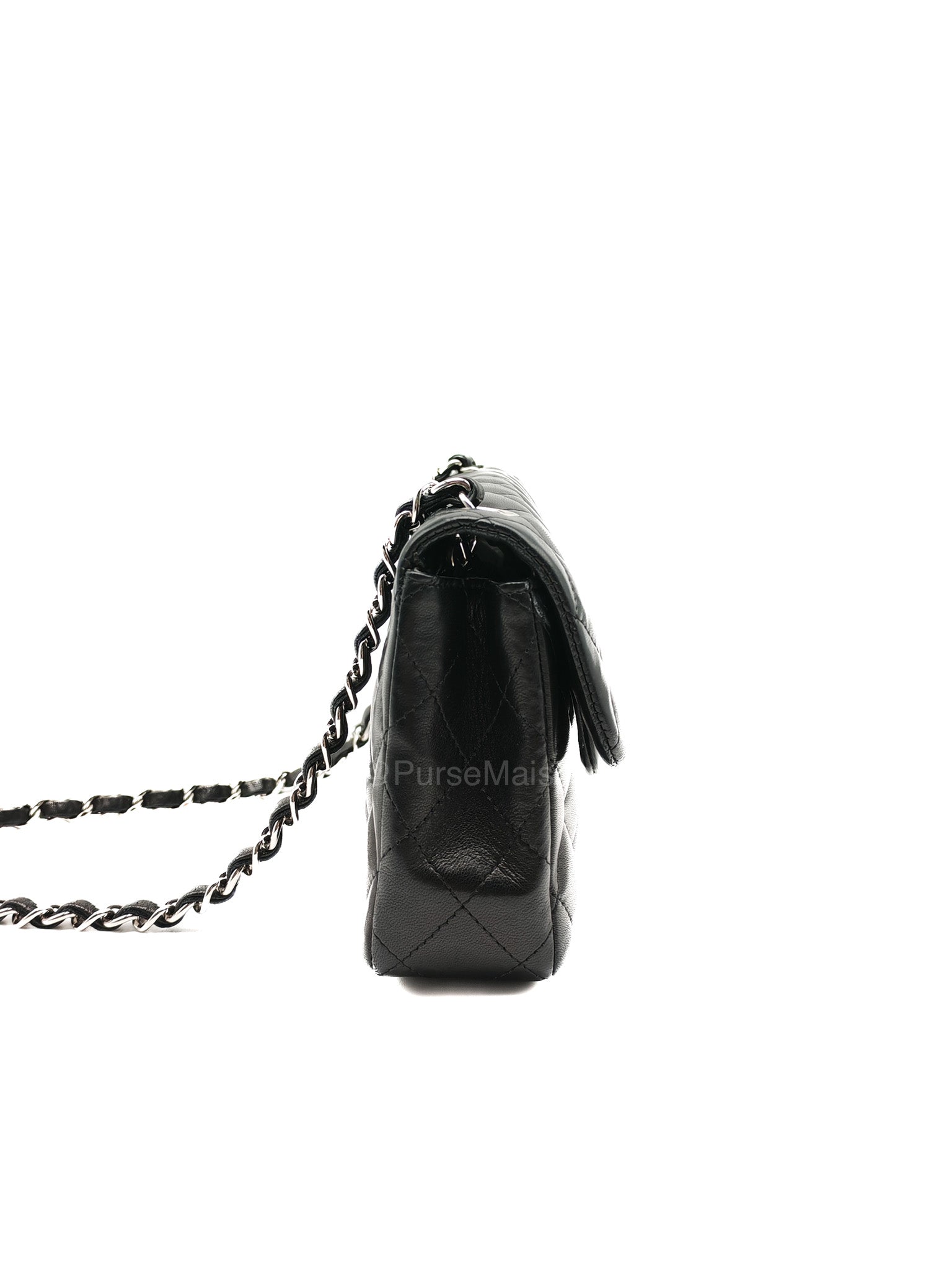 Chanel East West Flap Bag in Black Quilted Lambskin Leather and Silver Hardware Series 10