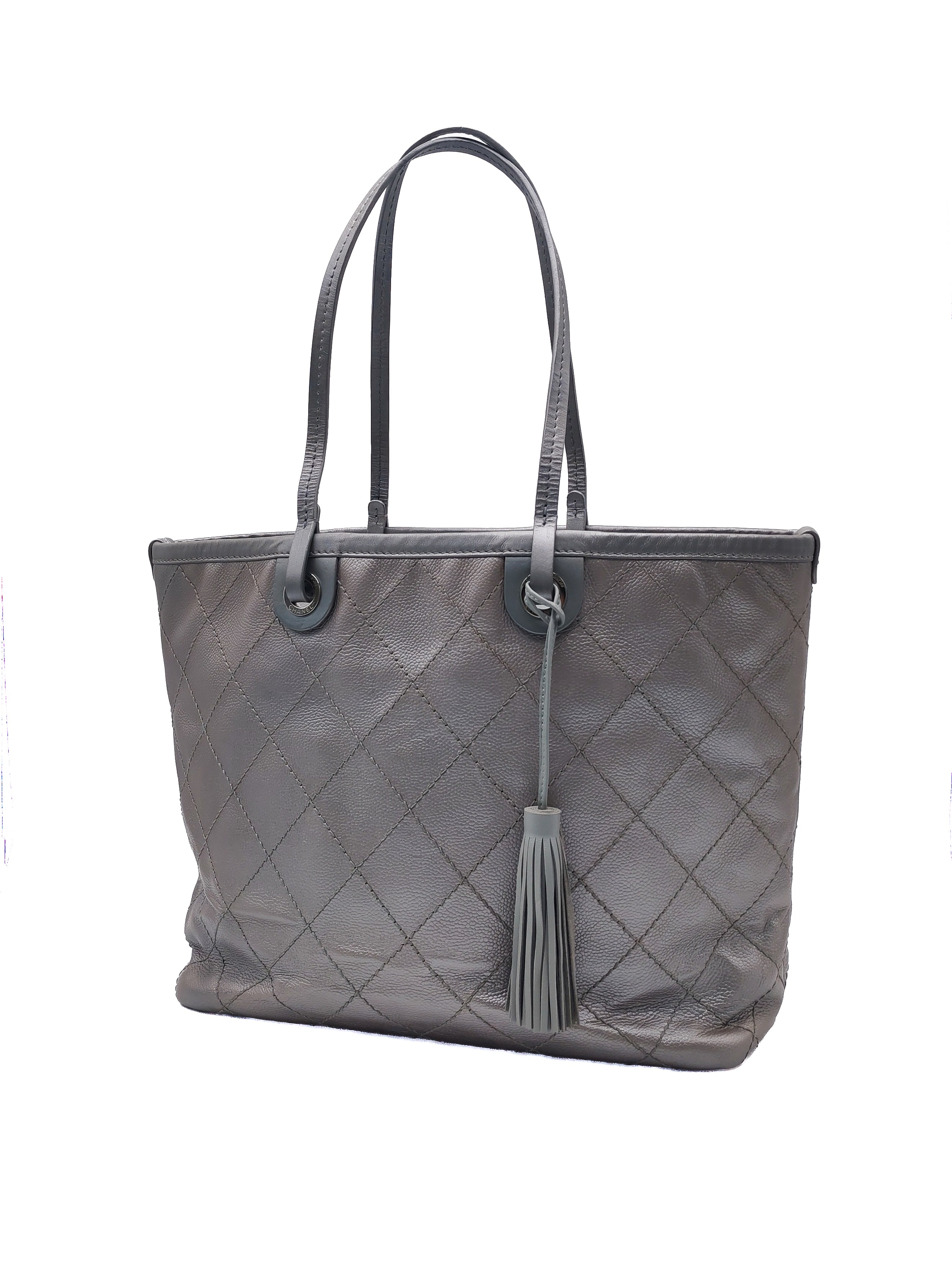 Chanel Shopping Fever Tote Bag in Silver Metallic Caviar Leather and Silver Hardware Series 20