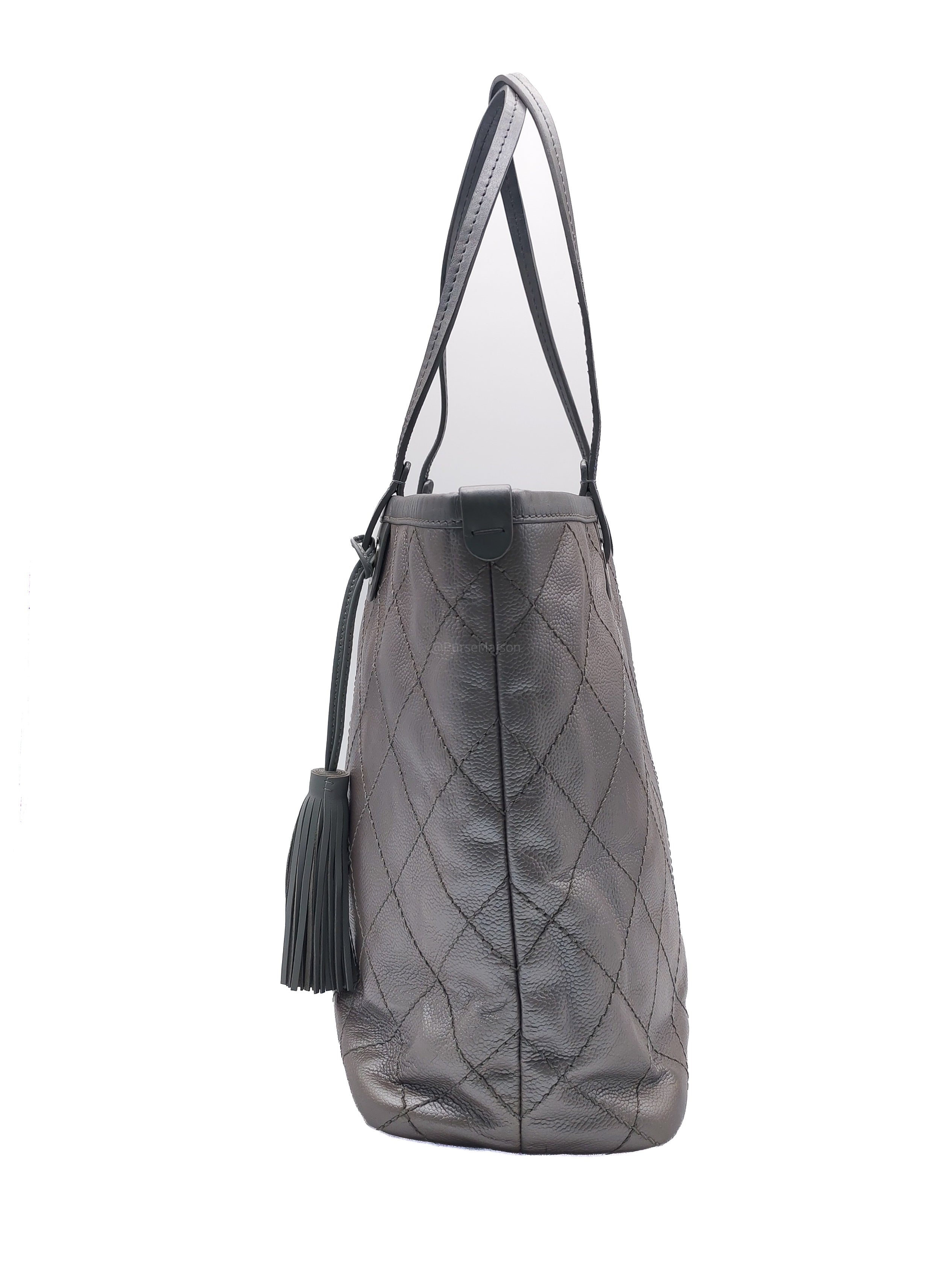 Chanel Shopping Fever Tote Bag in Silver Metallic Caviar Leather and Silver Hardware Series 20