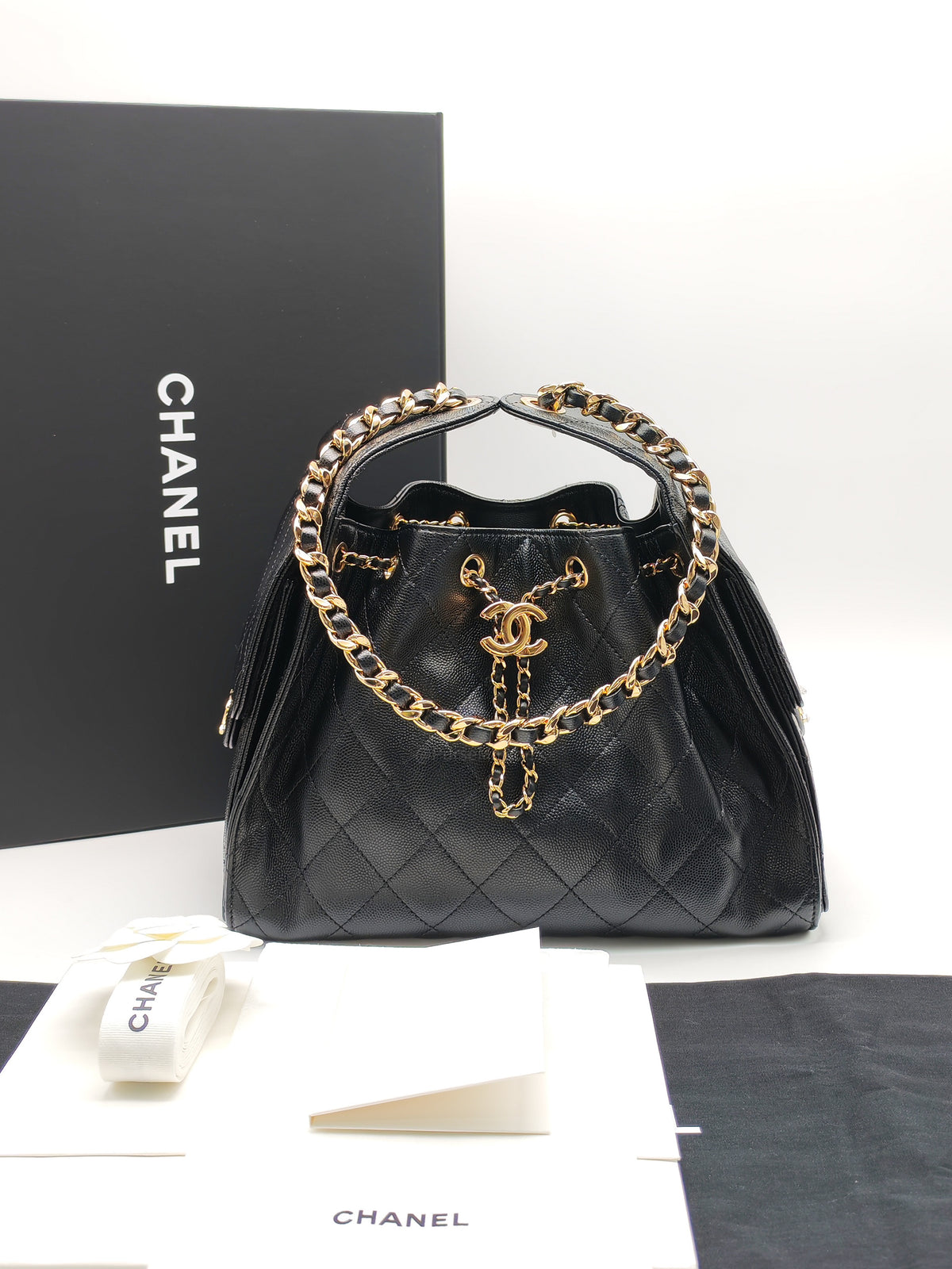 Chanel 25 Hobo Bag Small in Black Caviar Leather Shiny Gold Hardware Microchip (XX****28)