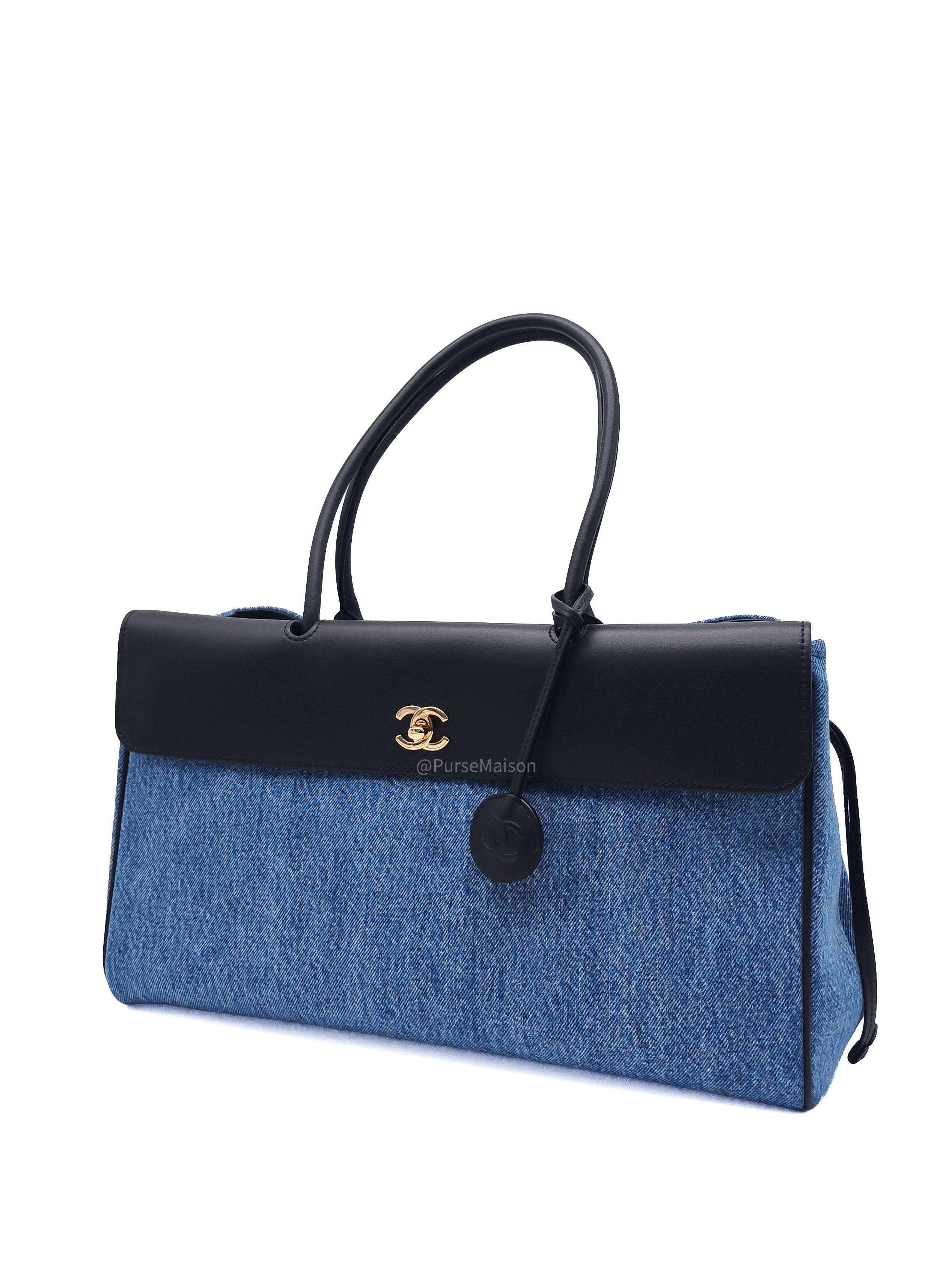 Chanel 26 Urban Essential Matthieu Blazy Large Tote Bag in Black Calfskin Leather and Denim Canvas Light Gold Hardware (Microchip)