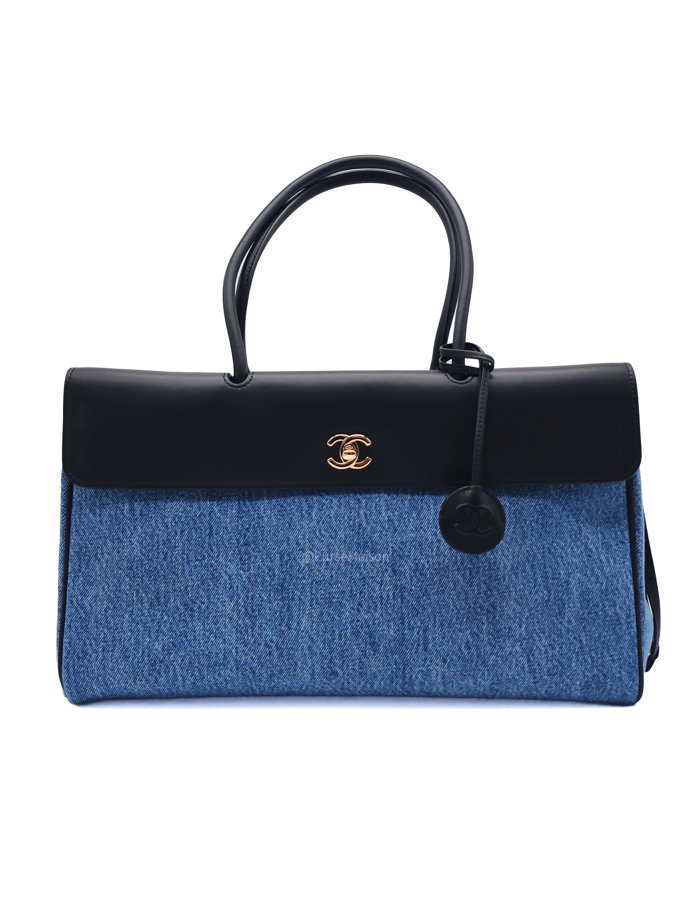 Chanel 26 Urban Essential Matthieu Blazy Large Tote Bag in Black Calfskin Leather and Denim Canvas Light Gold Hardware (Microchip)