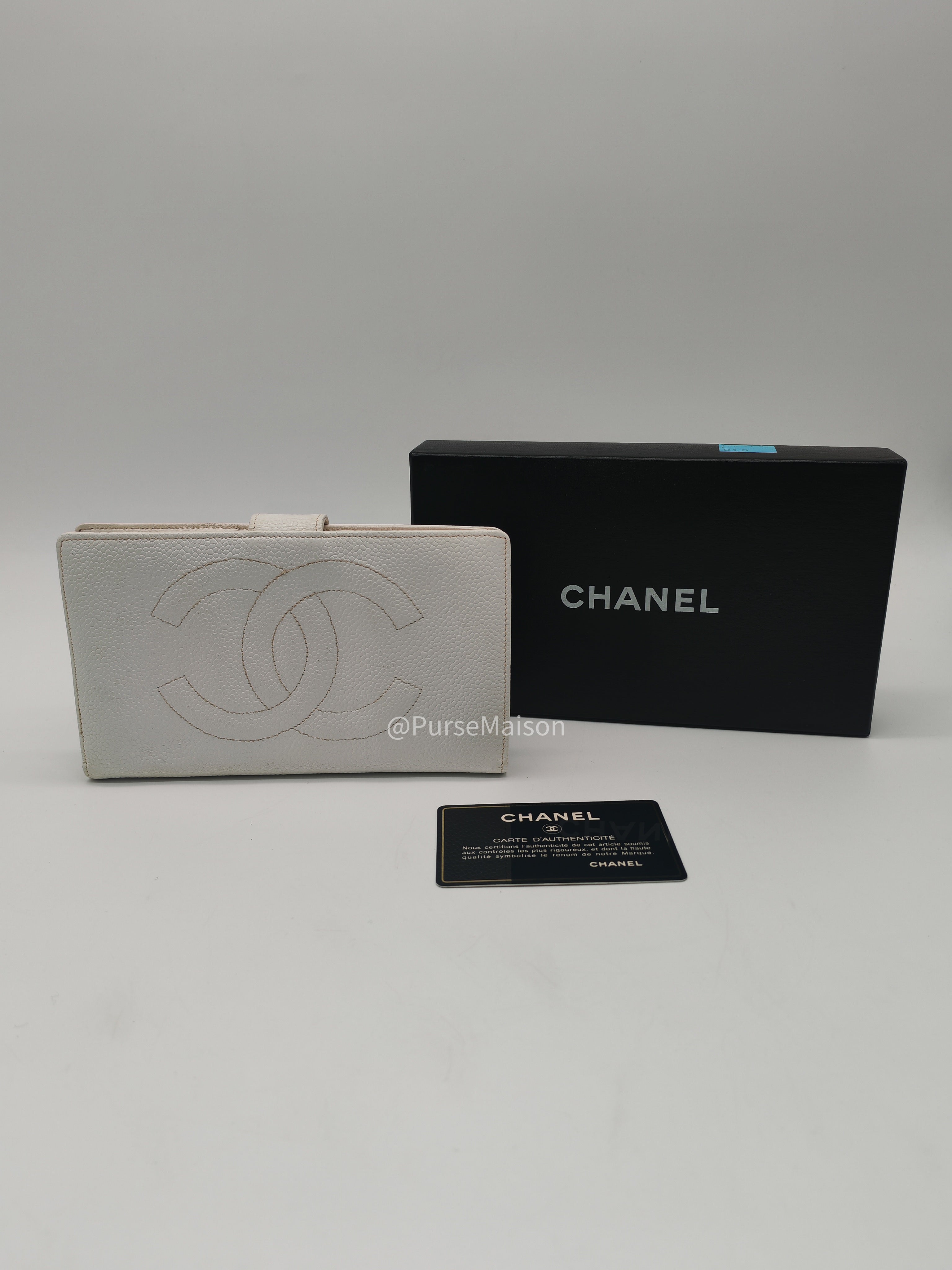 Chanel Timeless CC Long Bifold Wallet in White Caviar Leather and Gold Hardware Series 5