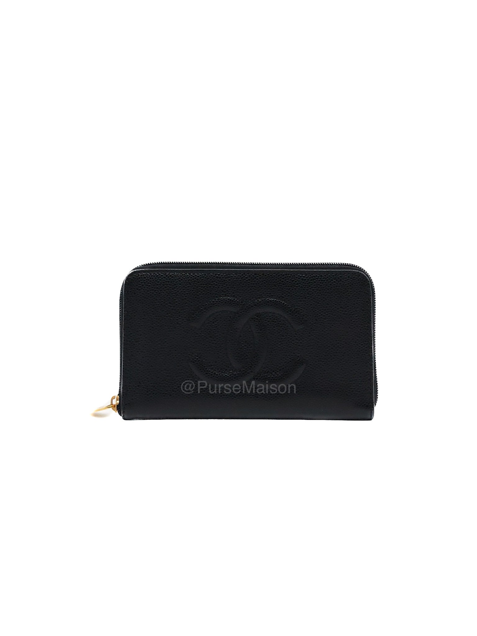 Chanel Timeless CC Zip Around Long Wallet in Black Caviar Leather and Gold Hardware Series 6