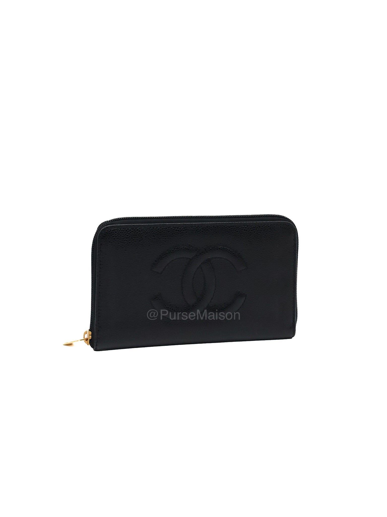 Chanel Timeless CC Zip Around Long Wallet in Black Caviar Leather and Gold Hardware Series 6