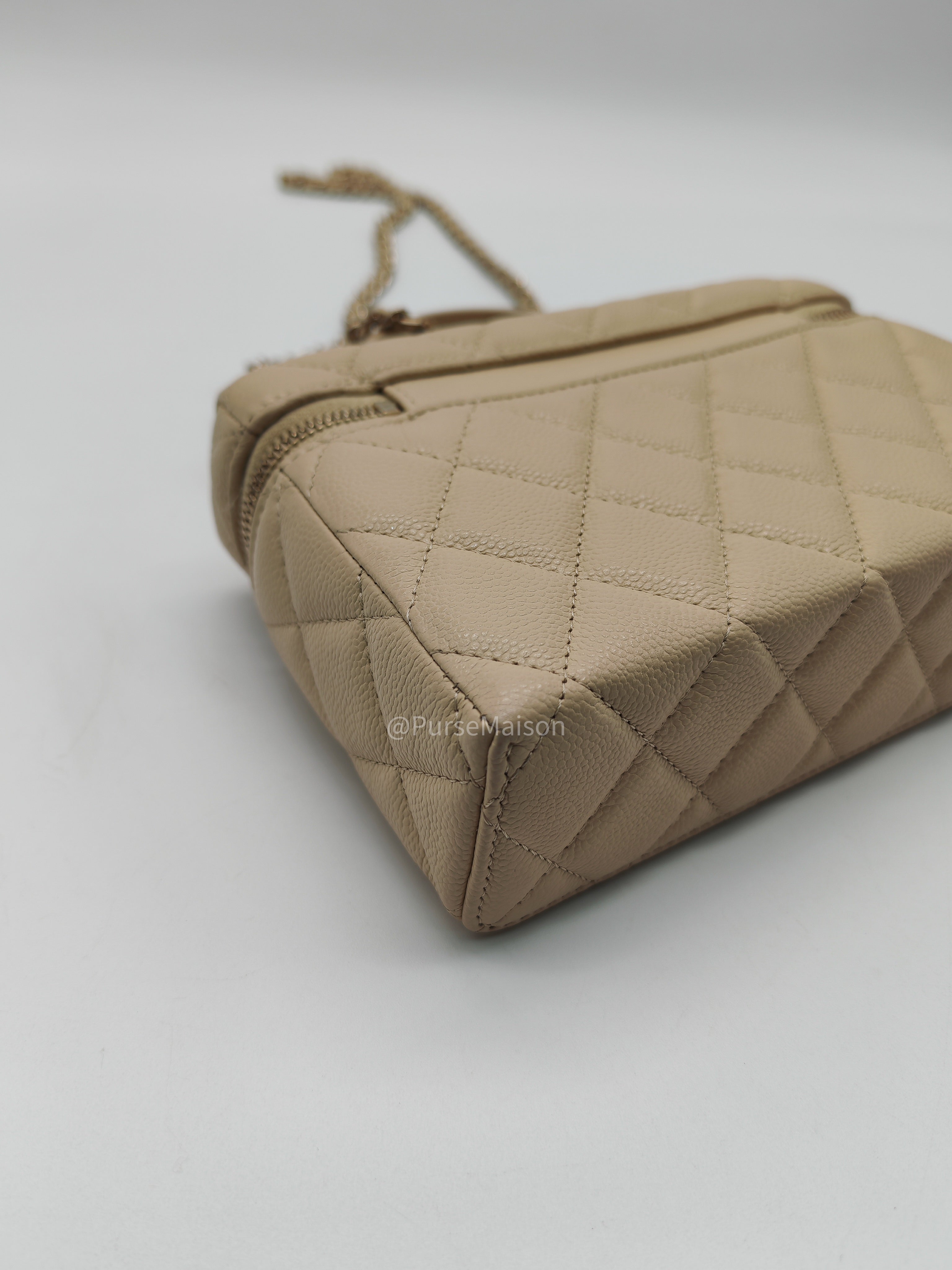 Chanel Top Handle Vanity Case in Light Beige Caviar Leather Light Gold Hardware (Microchip)