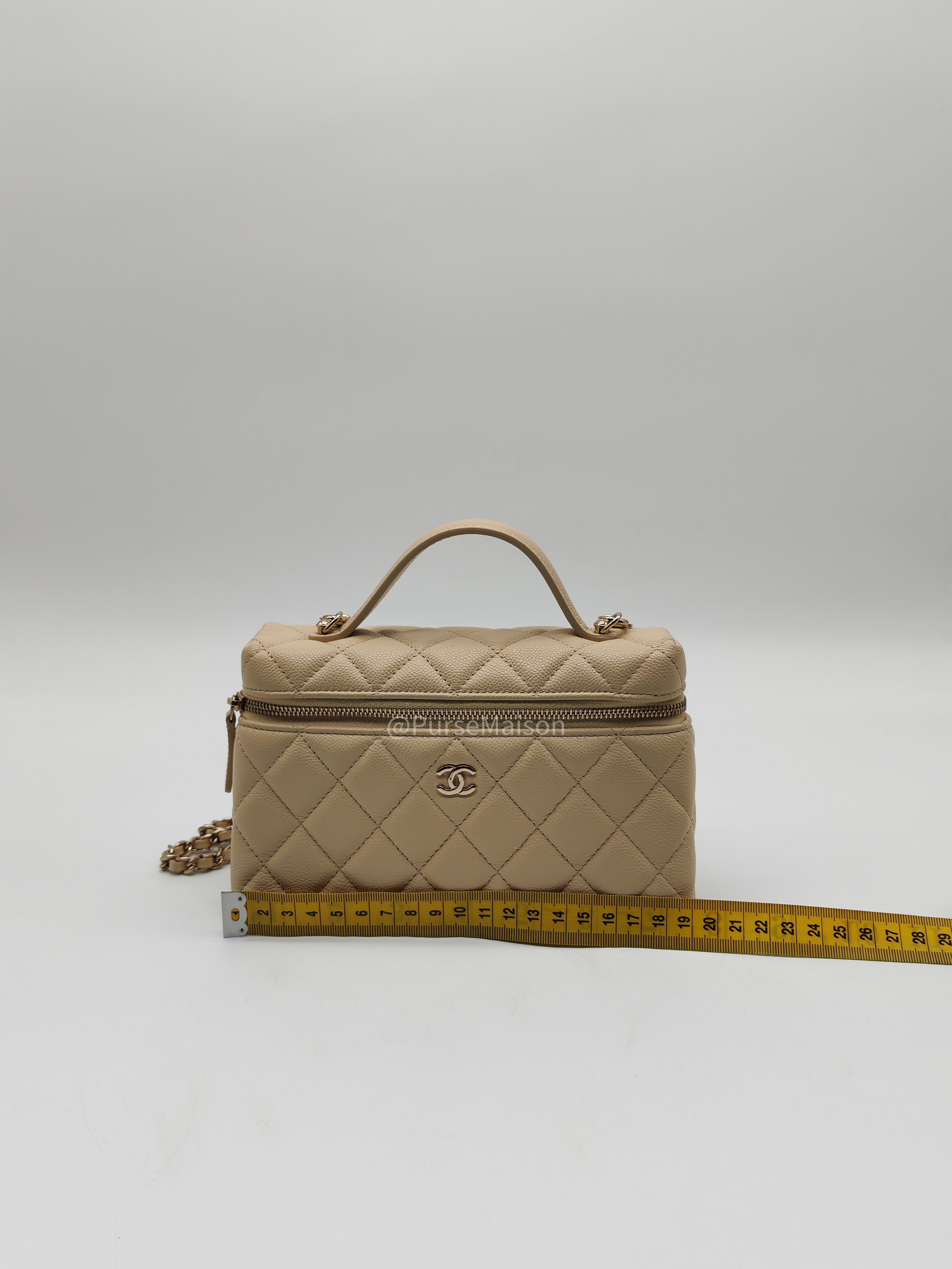 Chanel Top Handle Vanity Case in Light Beige Caviar Leather Light Gold Hardware (Microchip)