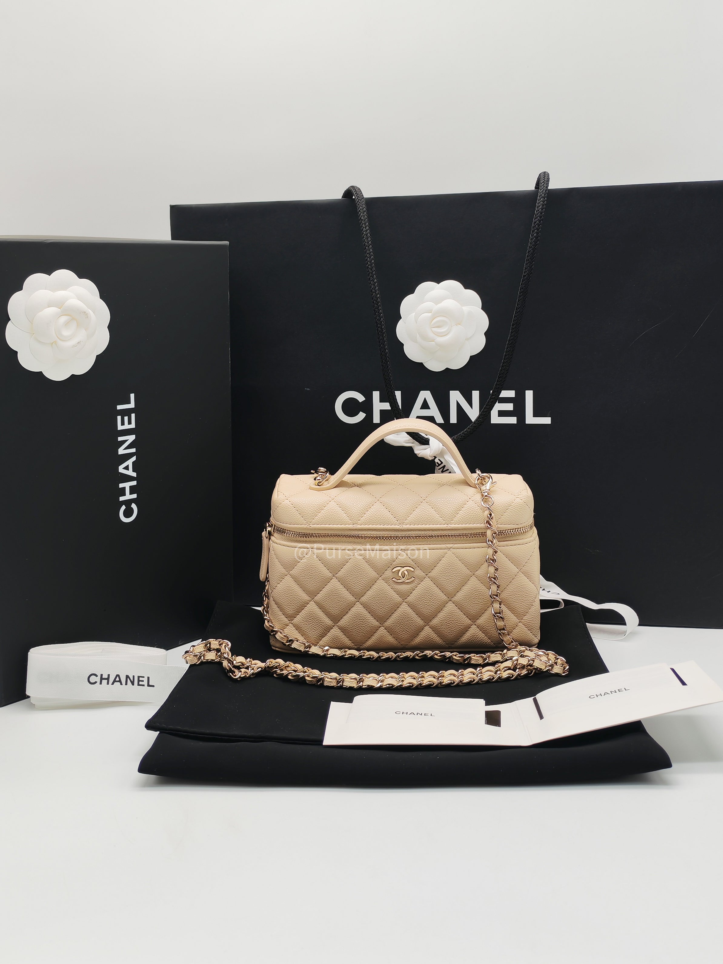 Chanel Top Handle Vanity Case in Light Beige Caviar Leather Light Gold Hardware (Microchip)