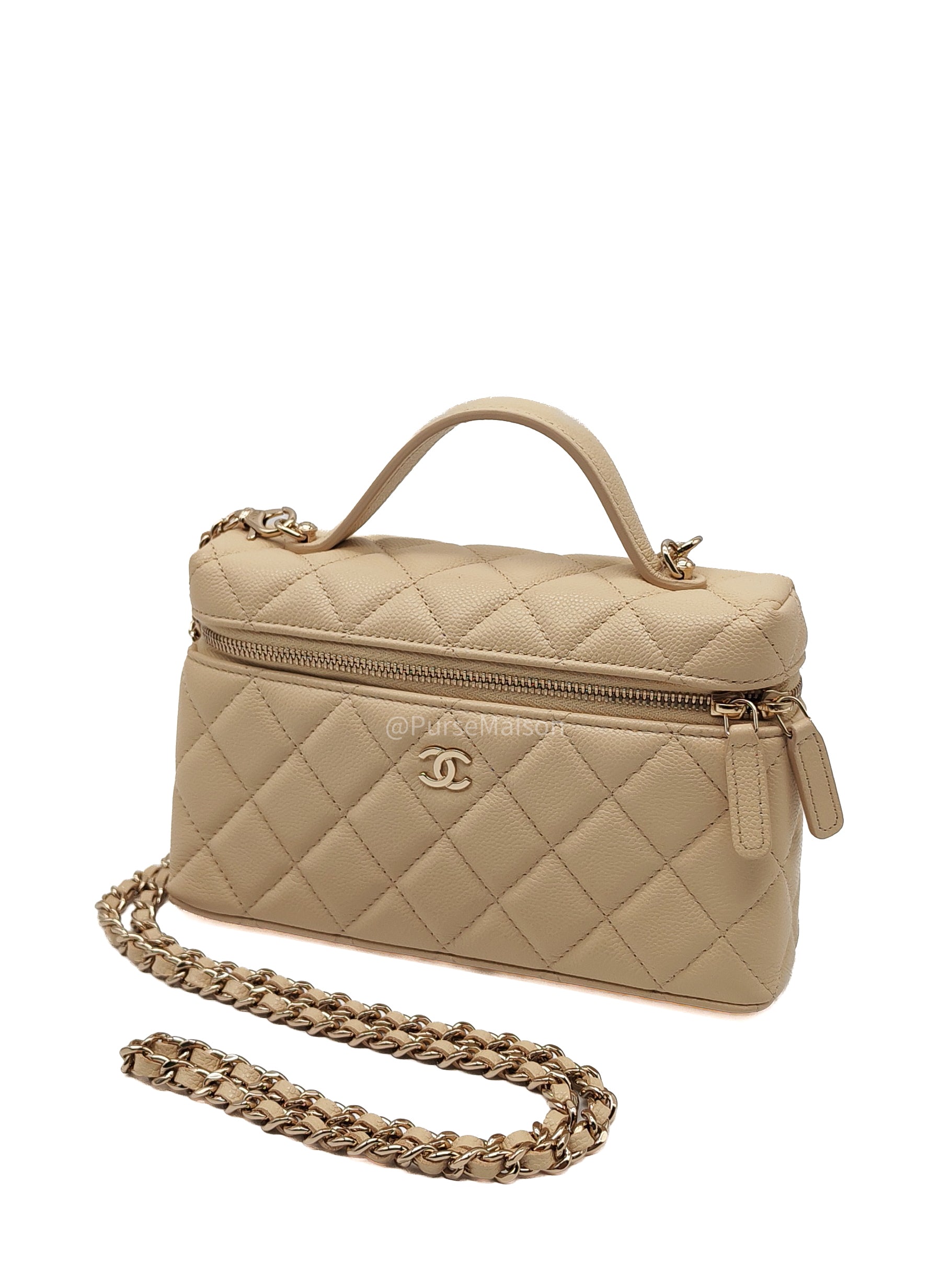 Chanel Top Handle Vanity Case in Light Beige Caviar Leather Light Gold Hardware (Microchip)