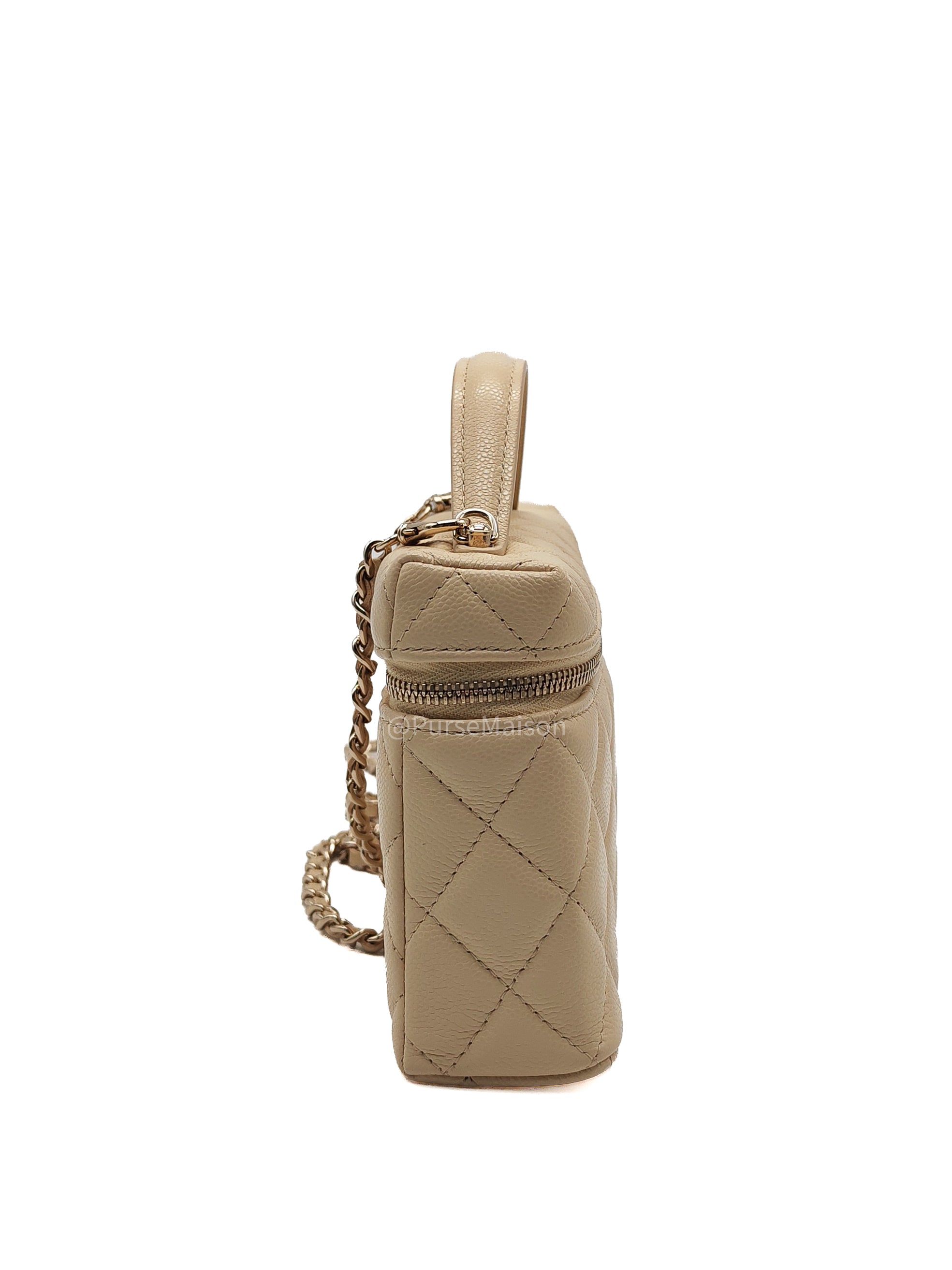 Chanel Top Handle Vanity Case in Light Beige Caviar Leather Light Gold Hardware (Microchip)