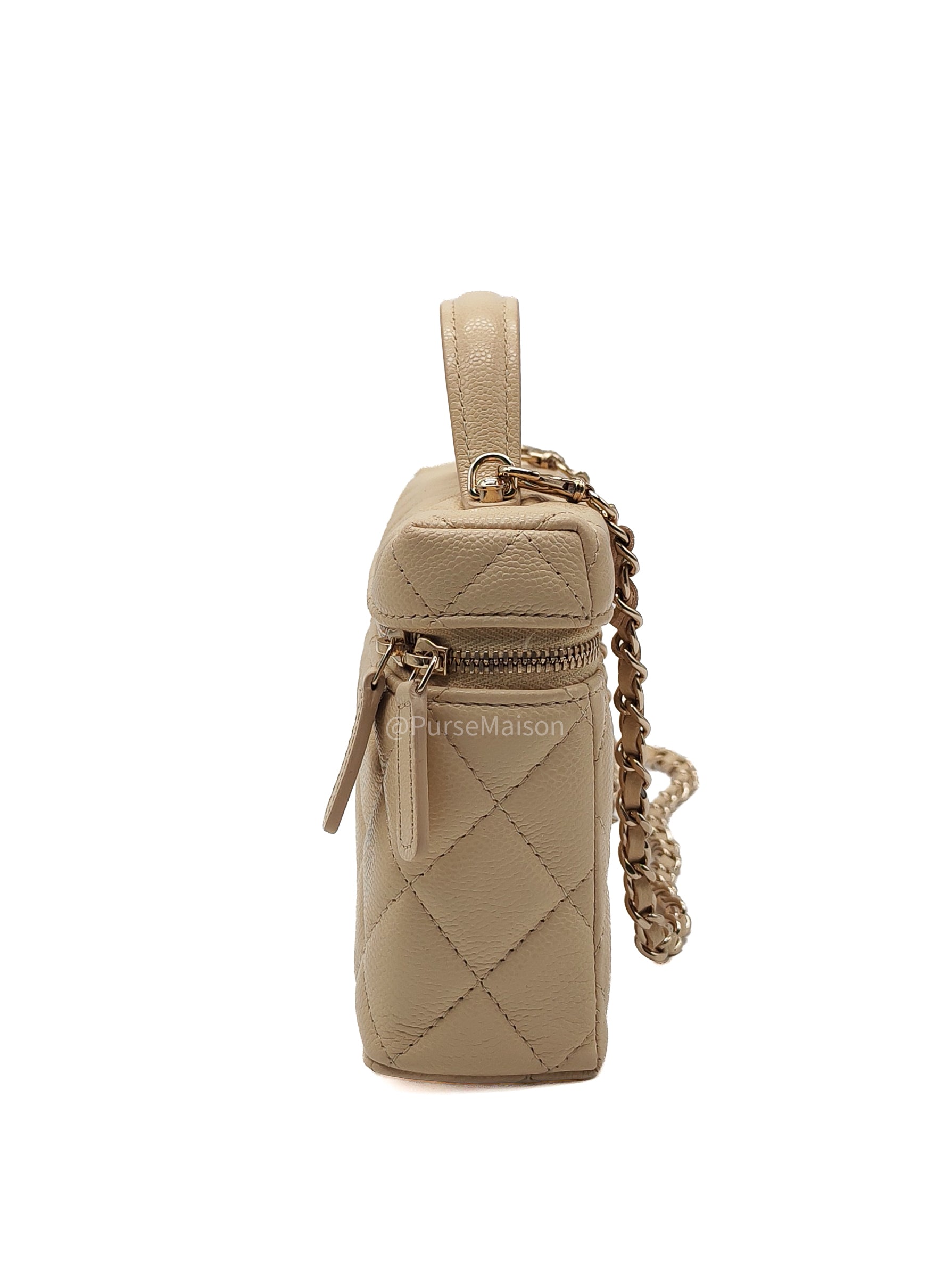 Chanel Top Handle Vanity Case in Light Beige Caviar Leather Light Gold Hardware (Microchip)