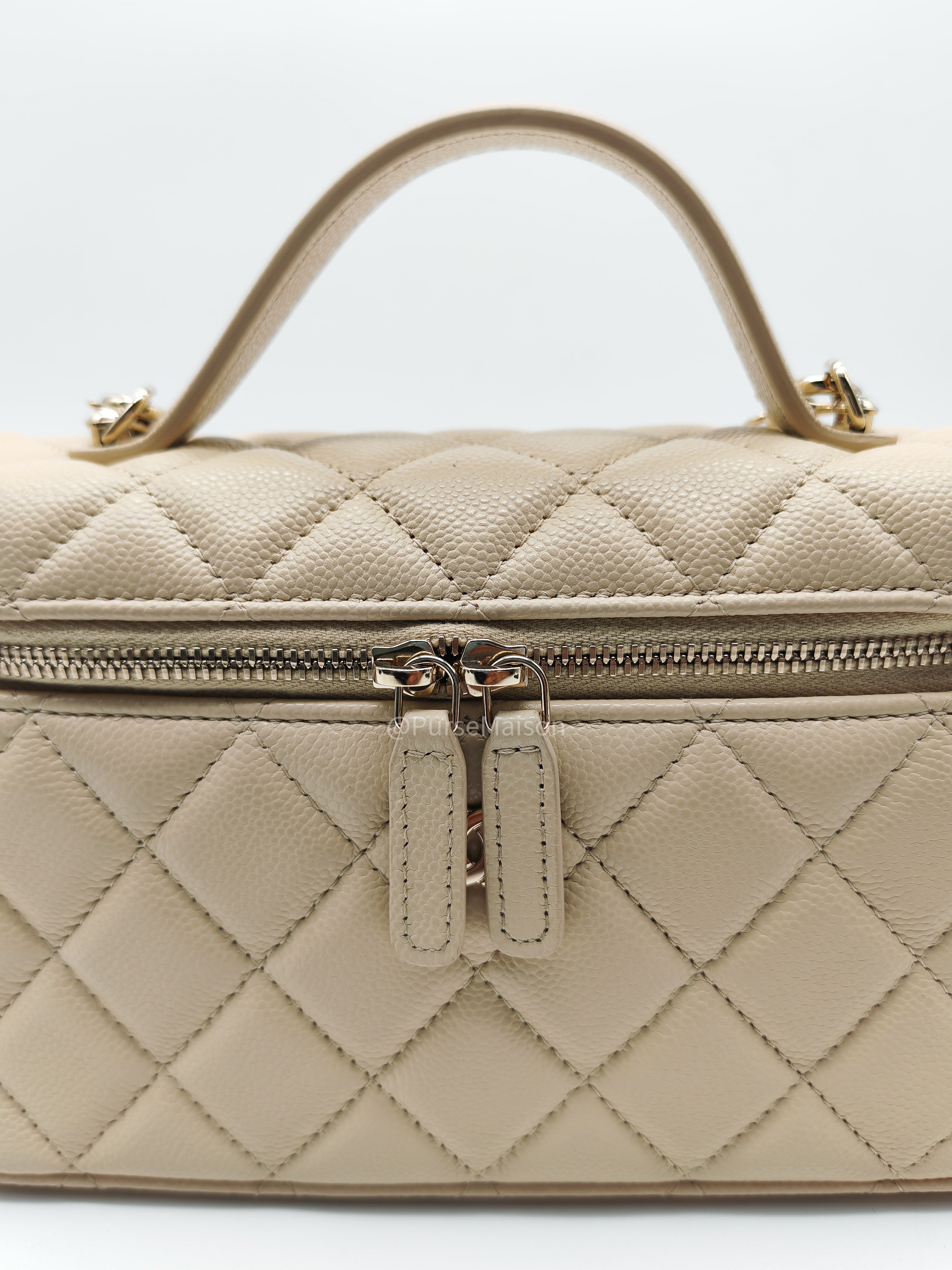 Chanel Top Handle Vanity Case in Light Beige Caviar Leather Light Gold Hardware (Microchip)