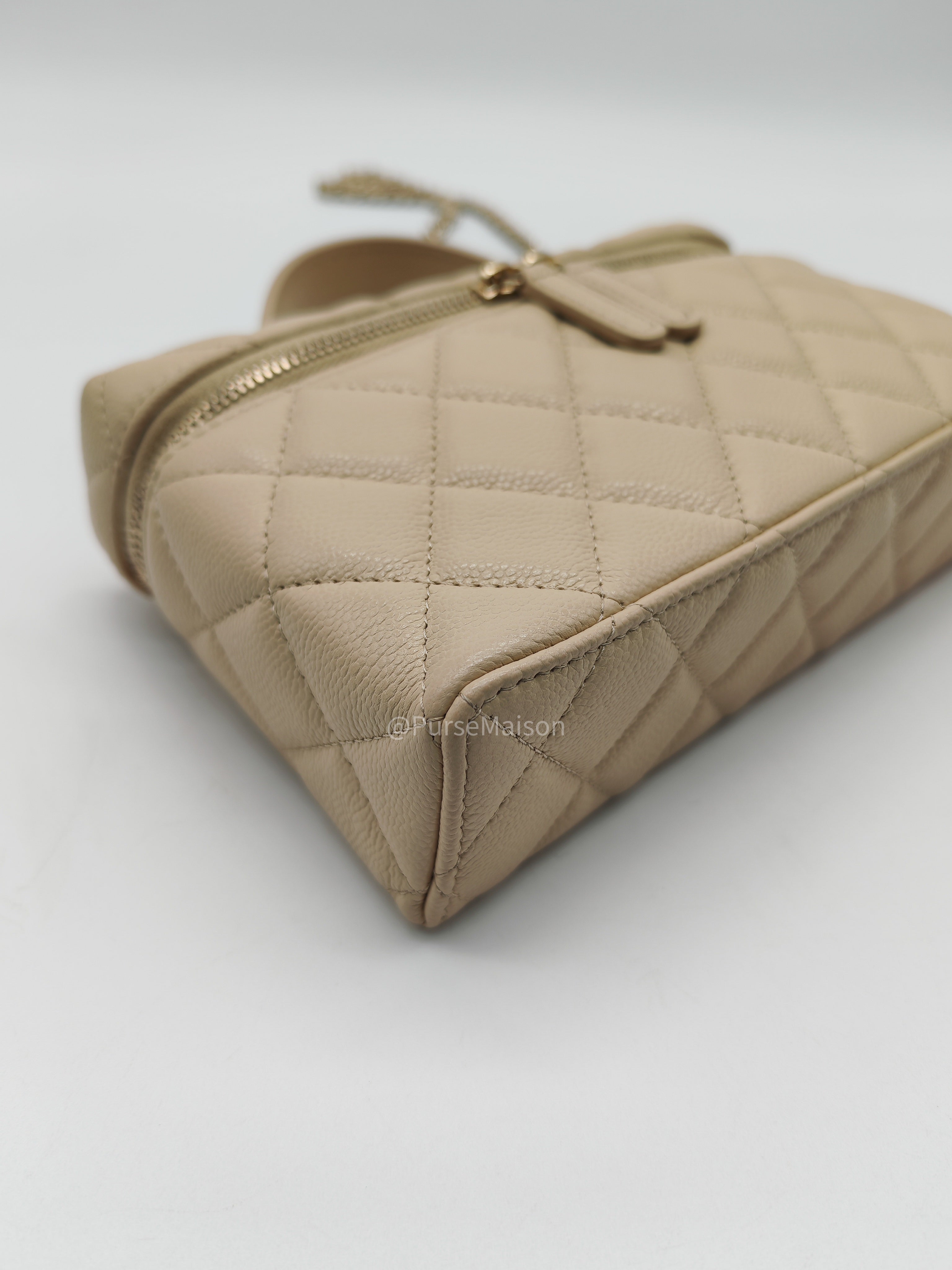 Chanel Top Handle Vanity Case in Light Beige Caviar Leather Light Gold Hardware (Microchip)