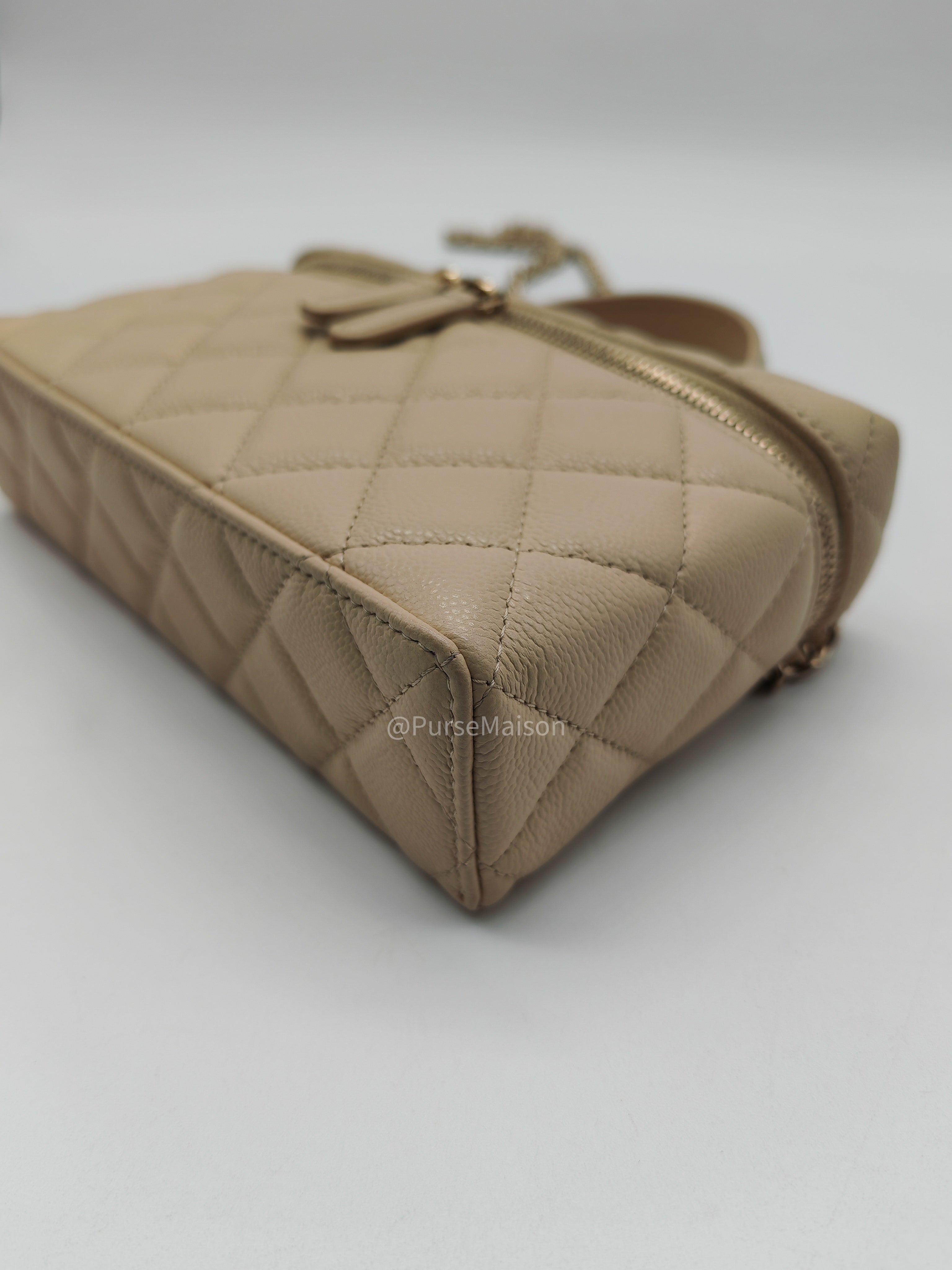 Chanel Top Handle Vanity Case in Light Beige Caviar Leather Light Gold Hardware (Microchip)