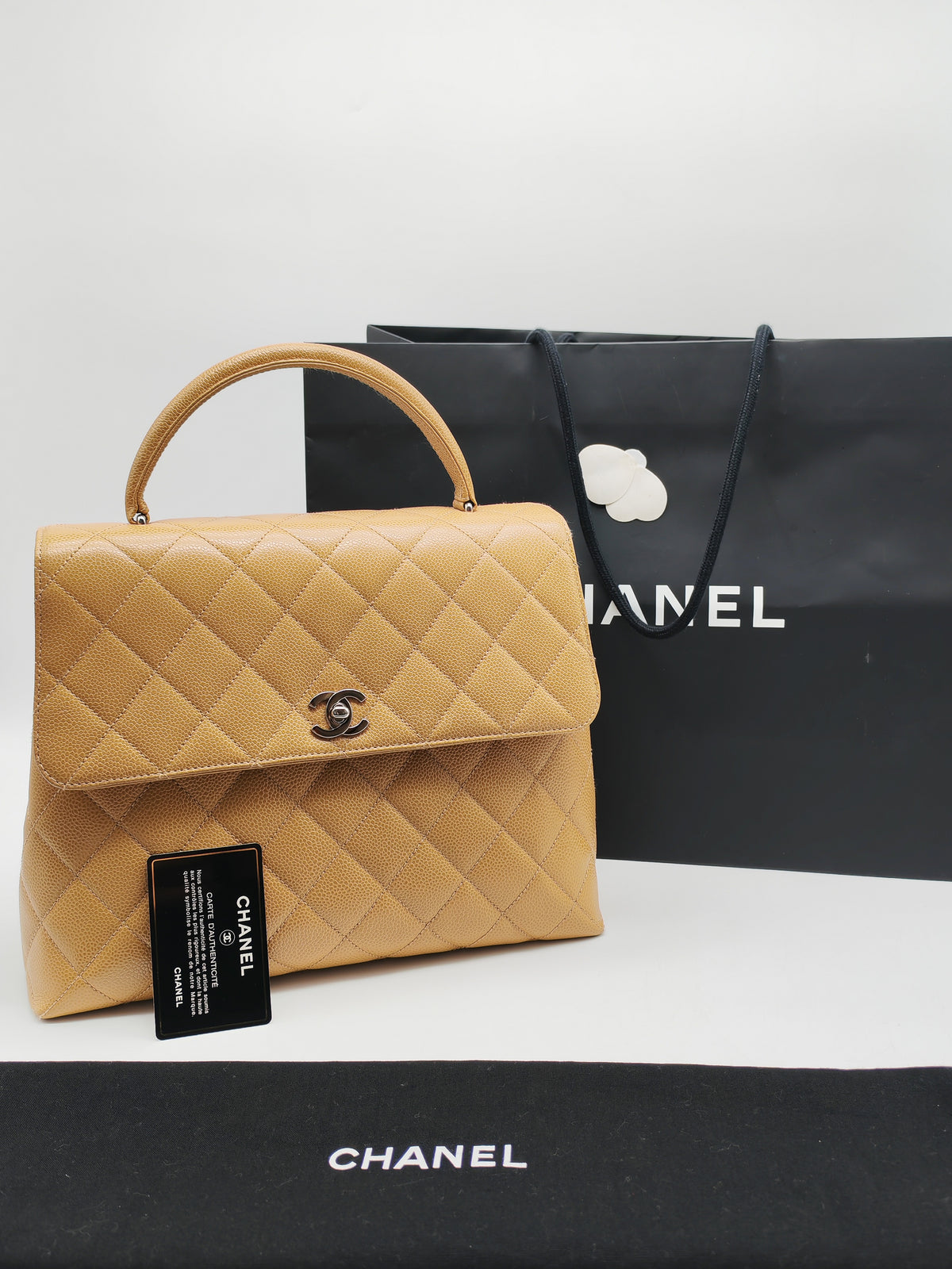 Chanel Kelly Vintage Top Handle Bag Large/Jumbo in Dark Beige Caviar Leather Silver Hardware (Series 6)