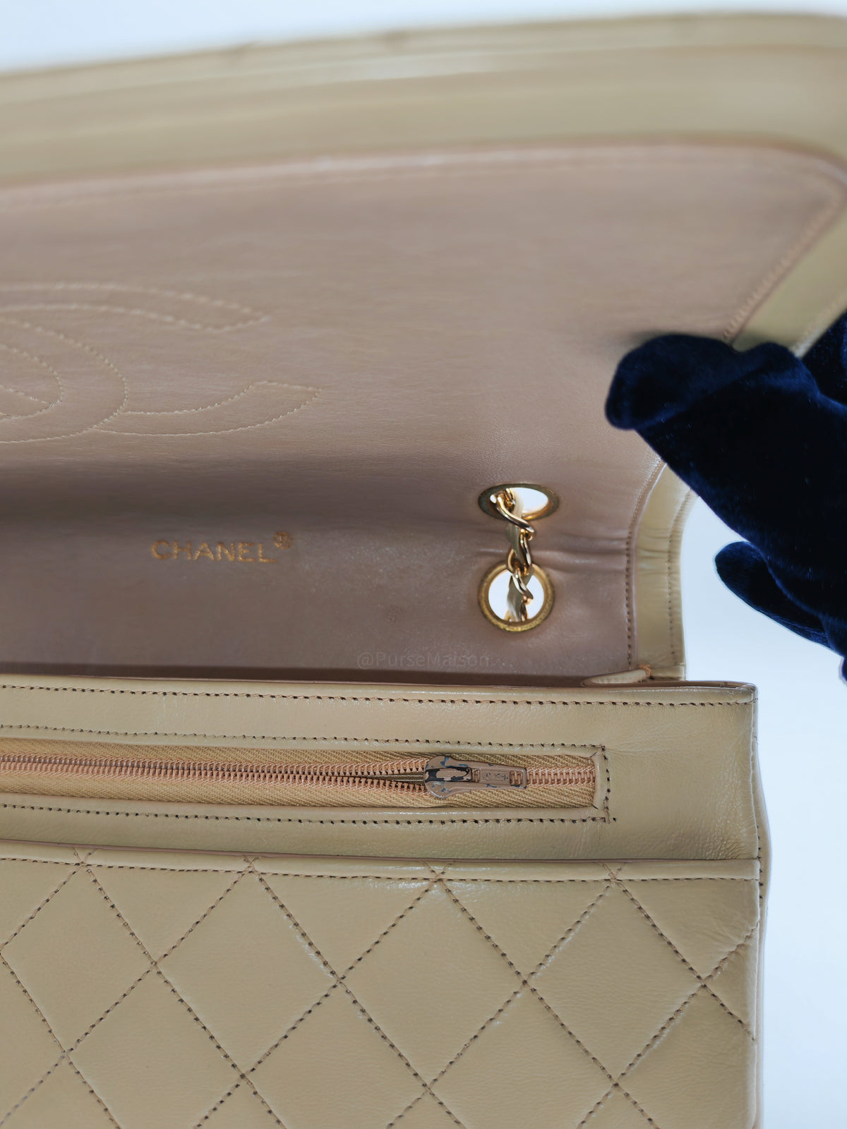 Chanel Vintage Timeless Classic Flap Bag in Beige Quilted Lambskin Leather and Gold Hardware Series 1