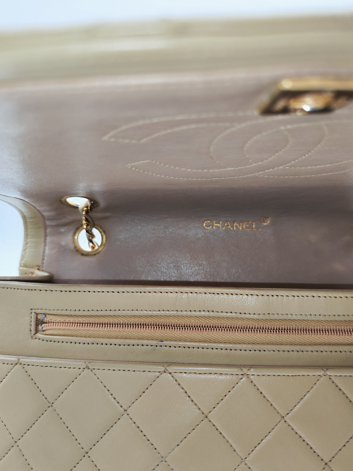Chanel Vintage Timeless Classic Flap Bag in Beige Quilted Lambskin Leather and Gold Hardware Series 1