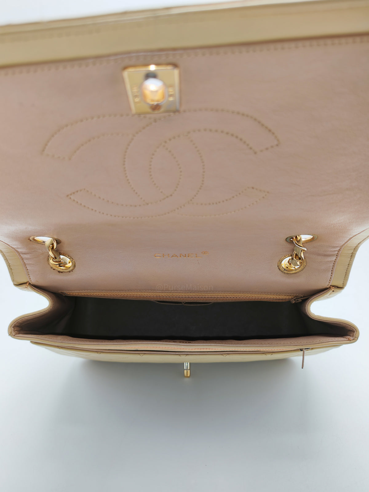 Chanel Vintage Timeless Classic Flap Bag in Beige Quilted Lambskin Leather and Gold Hardware Series 1