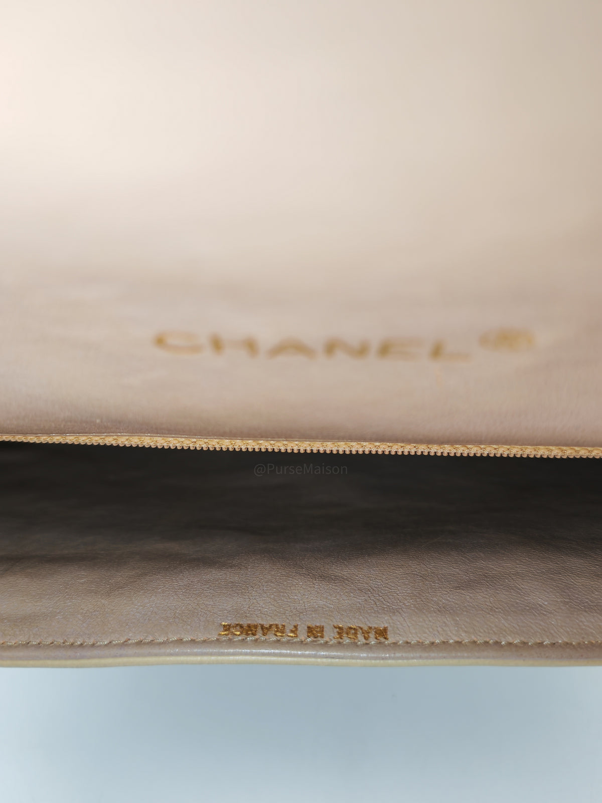 Chanel Vintage Timeless Classic Flap Bag in Beige Quilted Lambskin Leather and Gold Hardware Series 1