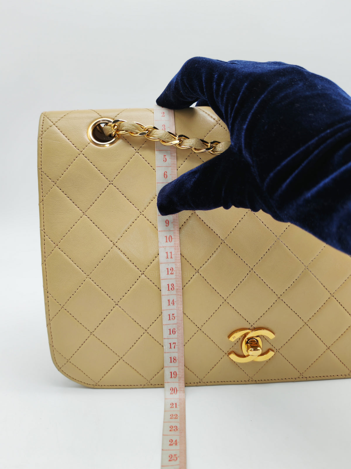 Chanel Vintage Timeless Classic Flap Bag in Beige Quilted Lambskin Leather and Gold Hardware Series 1