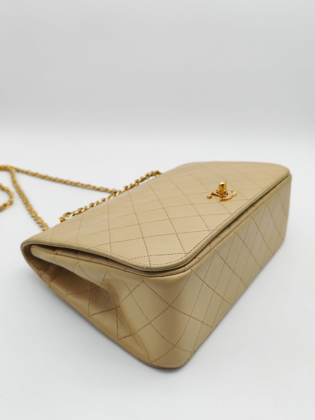 Chanel Vintage Timeless Classic Flap Bag in Beige Quilted Lambskin Leather and Gold Hardware Series 1