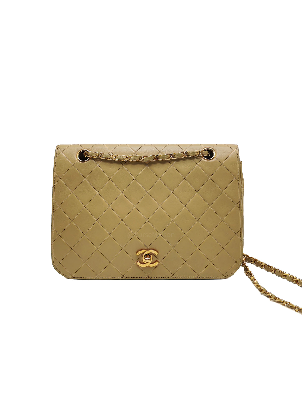 Chanel Vintage Timeless Classic Flap Bag in Beige Quilted Lambskin Leather and Gold Hardware Series 1