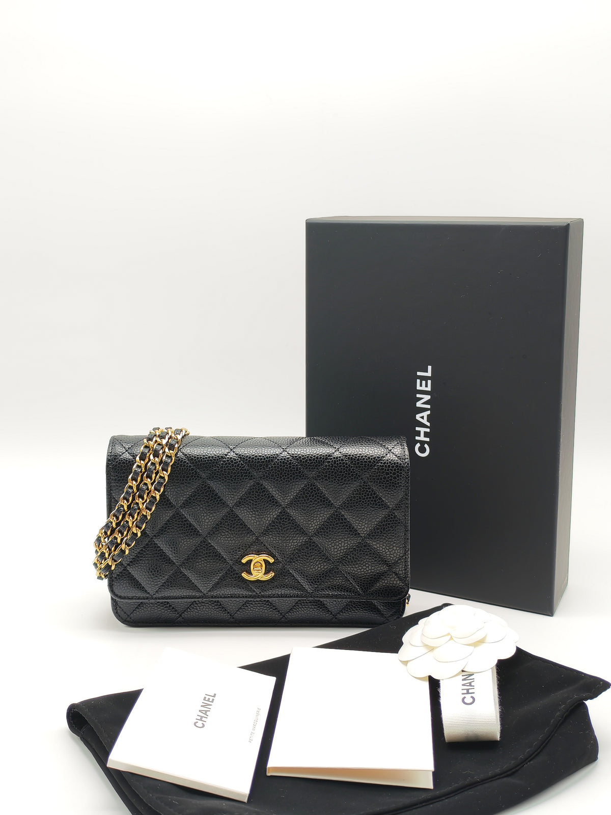 Chanel Turn Lock Wallet on Chain (WOC) in Black Caviar Leather Gold Hardware Microchip (AE****E4)