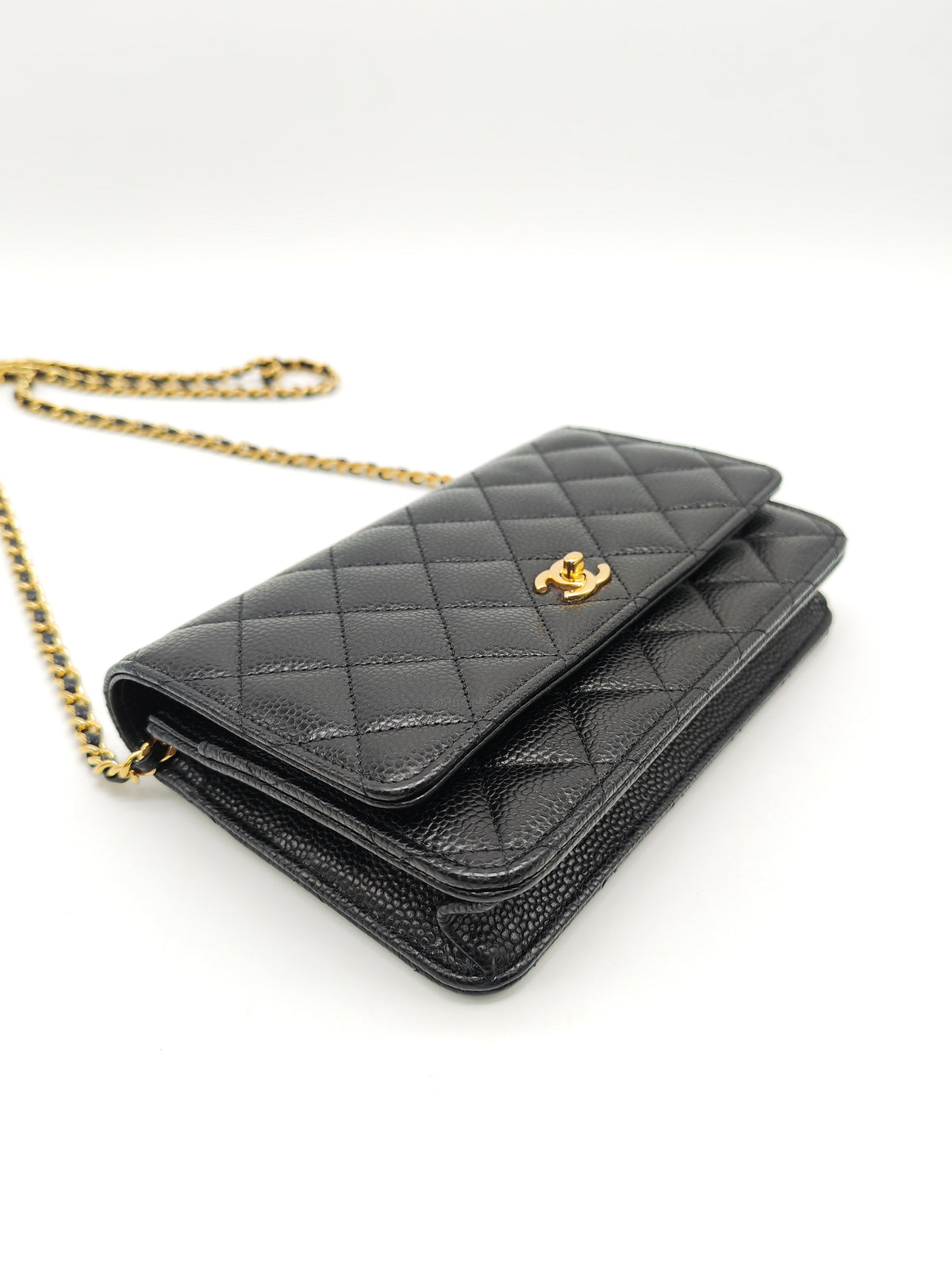 Chanel Turn Lock Wallet on Chain (WOC) in Black Caviar Leather Gold Hardware Microchip (AE****E4)