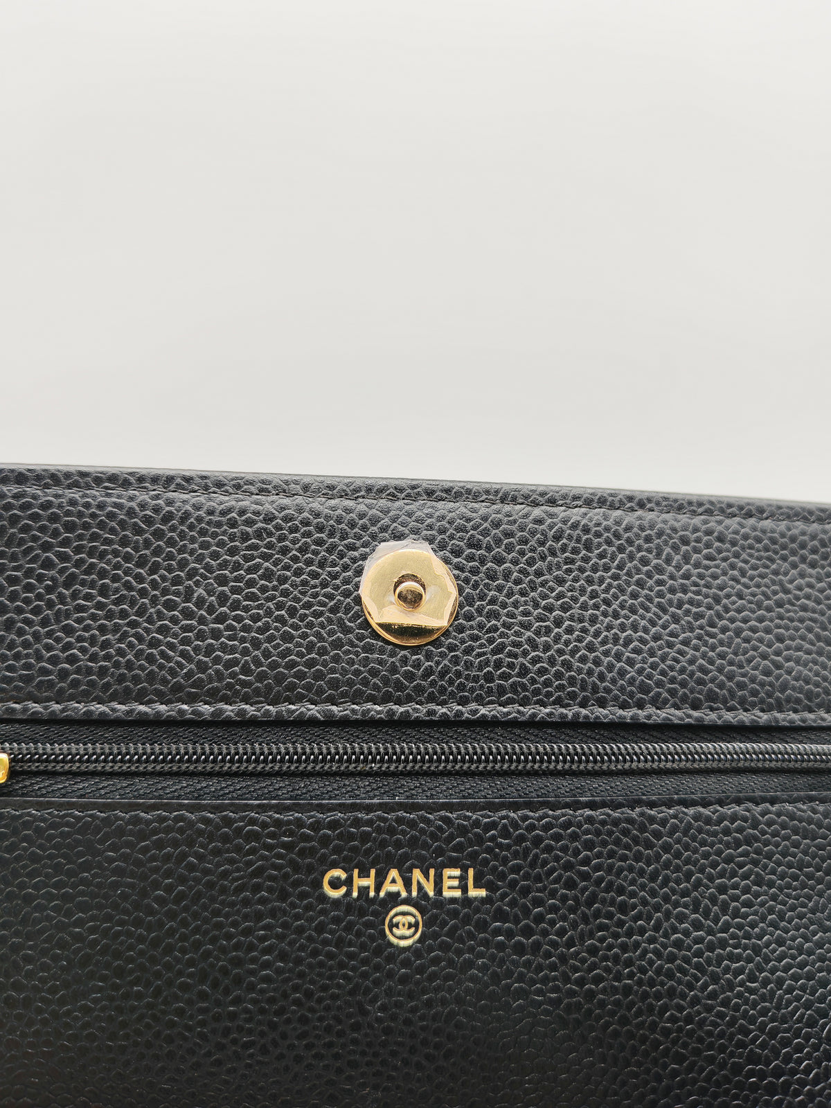 Chanel Wallet on Chain (WOC) in Black Quilted Caviar Leather and Gold Hardware Microchip
