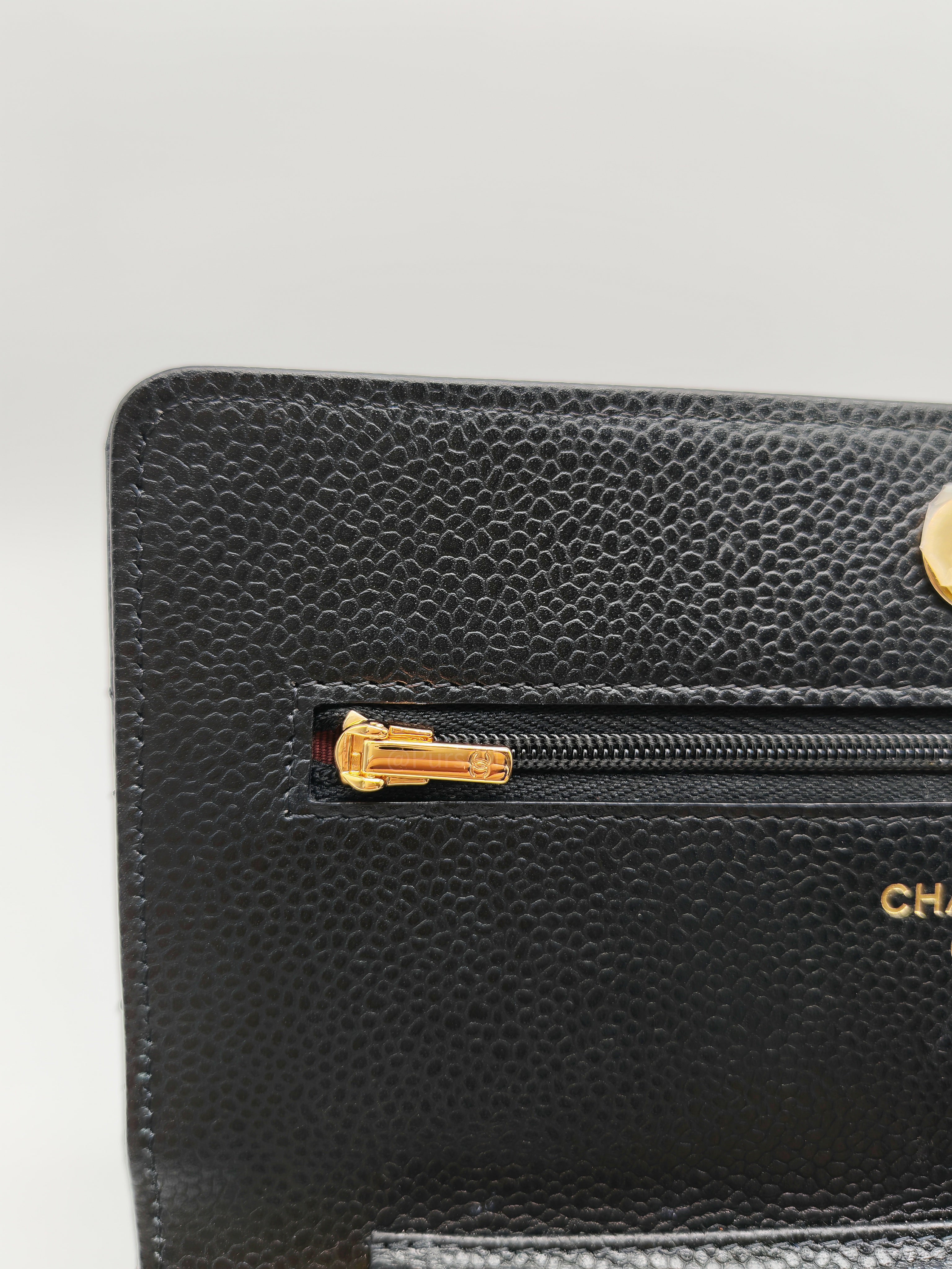 Chanel Wallet on Chain (WOC) in Black Quilted Caviar Leather and Gold Hardware Microchip