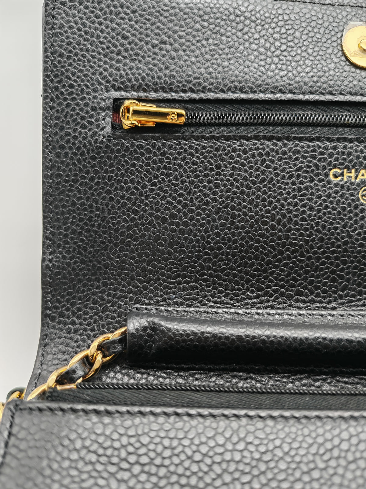 Chanel Wallet on Chain (WOC) in Black Quilted Caviar Leather and Gold Hardware Microchip
