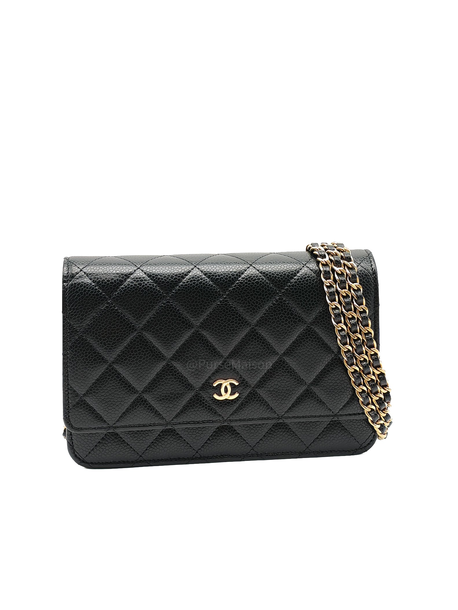 Chanel Wallet on Chain (WOC) in Black Quilted Caviar Leather and Gold Hardware Microchip